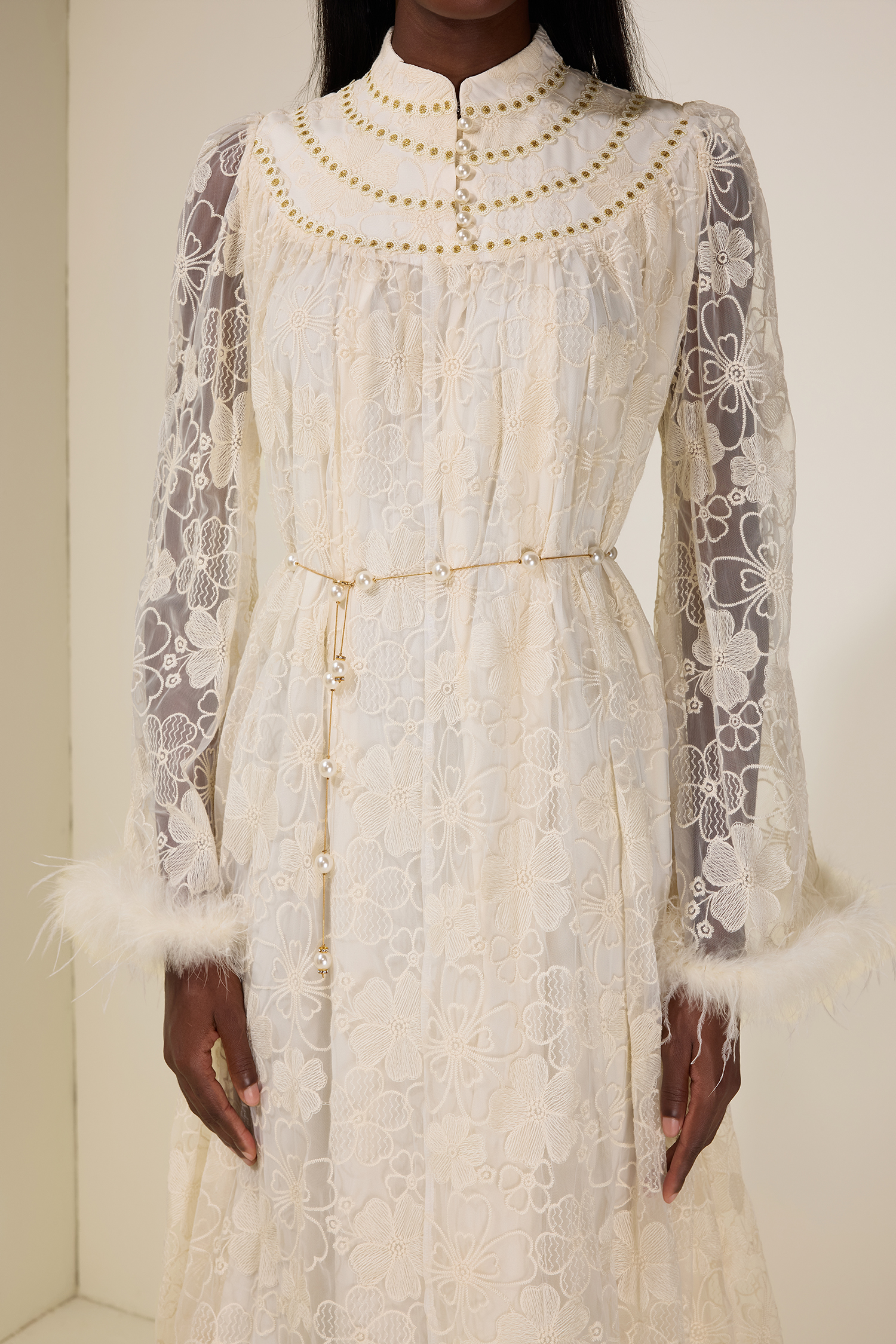 Embroidered Feather Button Maxi Dress