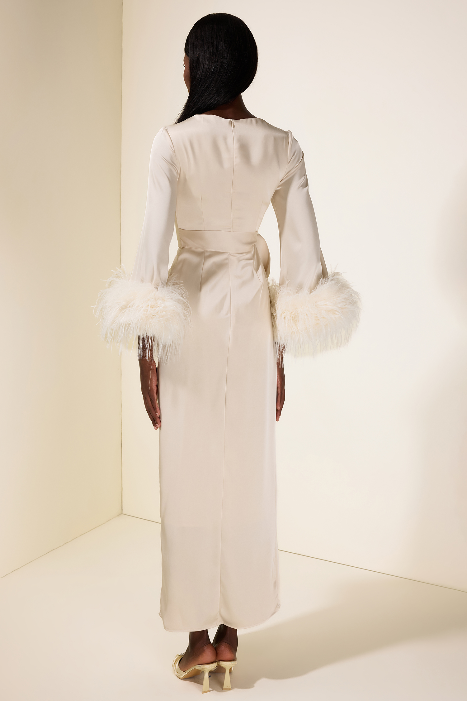 Satin Lace-Up Feather-Trimmed Pleated Maxi Dress