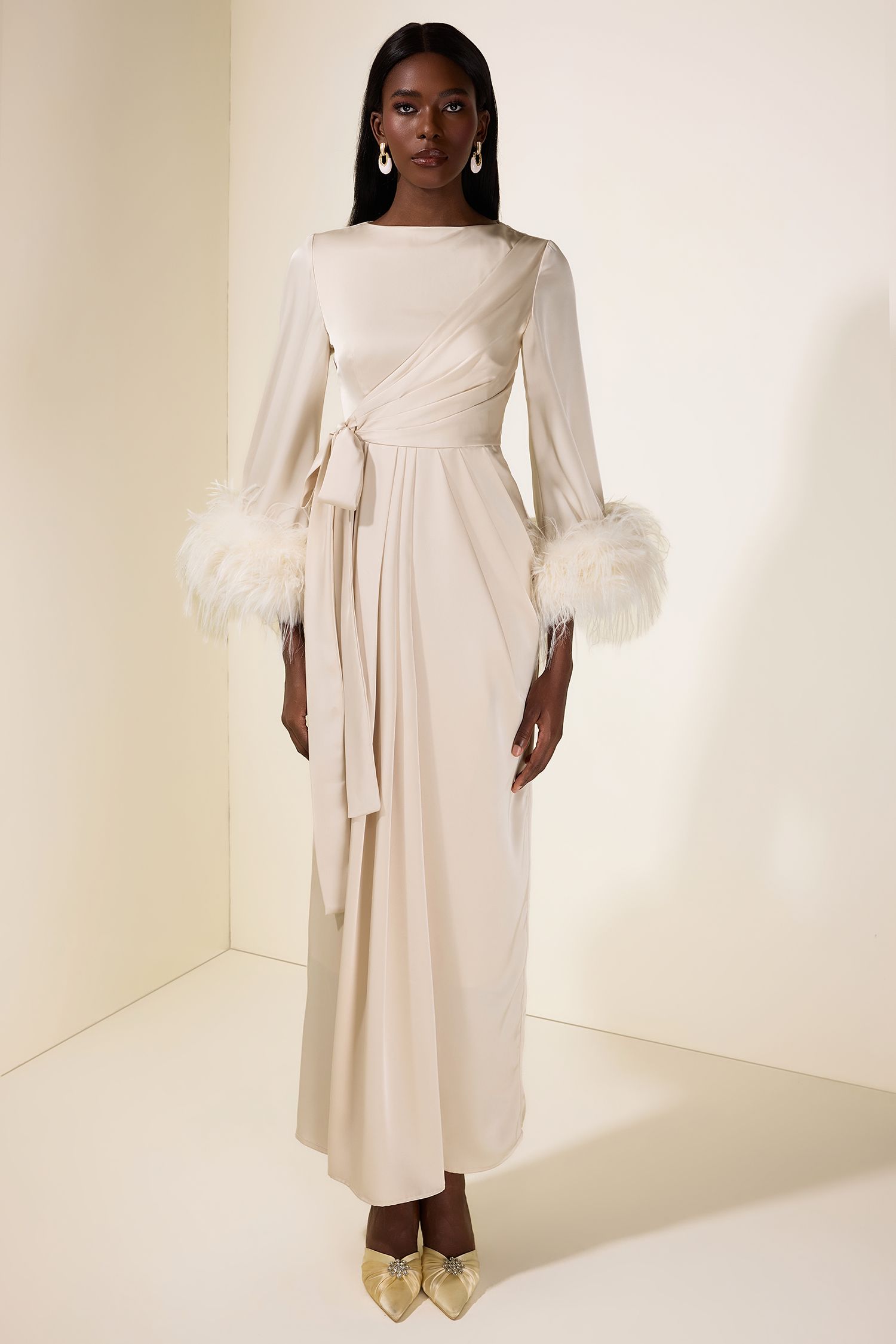 Satin Lace-Up Feather-Trimmed Pleated Maxi Dress