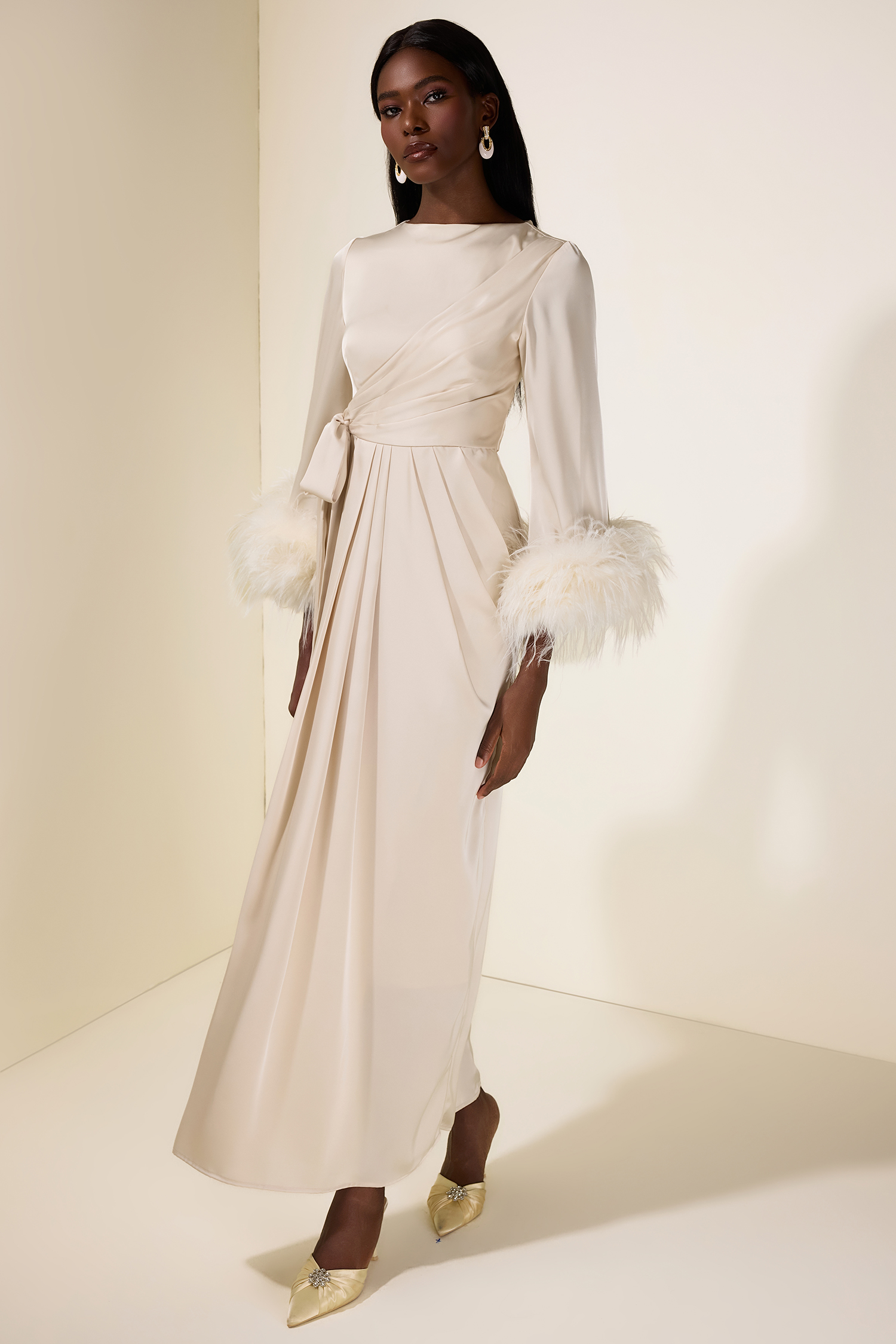 Satin Lace-Up Feather-Trimmed Pleated Maxi Dress