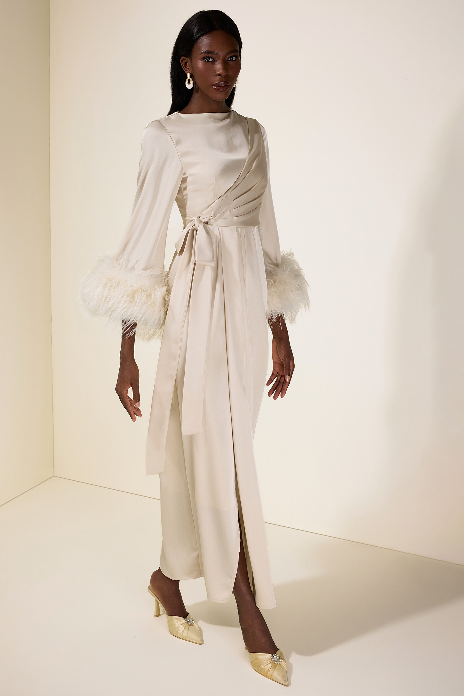 Satin Lace-Up Feather-Trimmed Pleated Maxi Dress