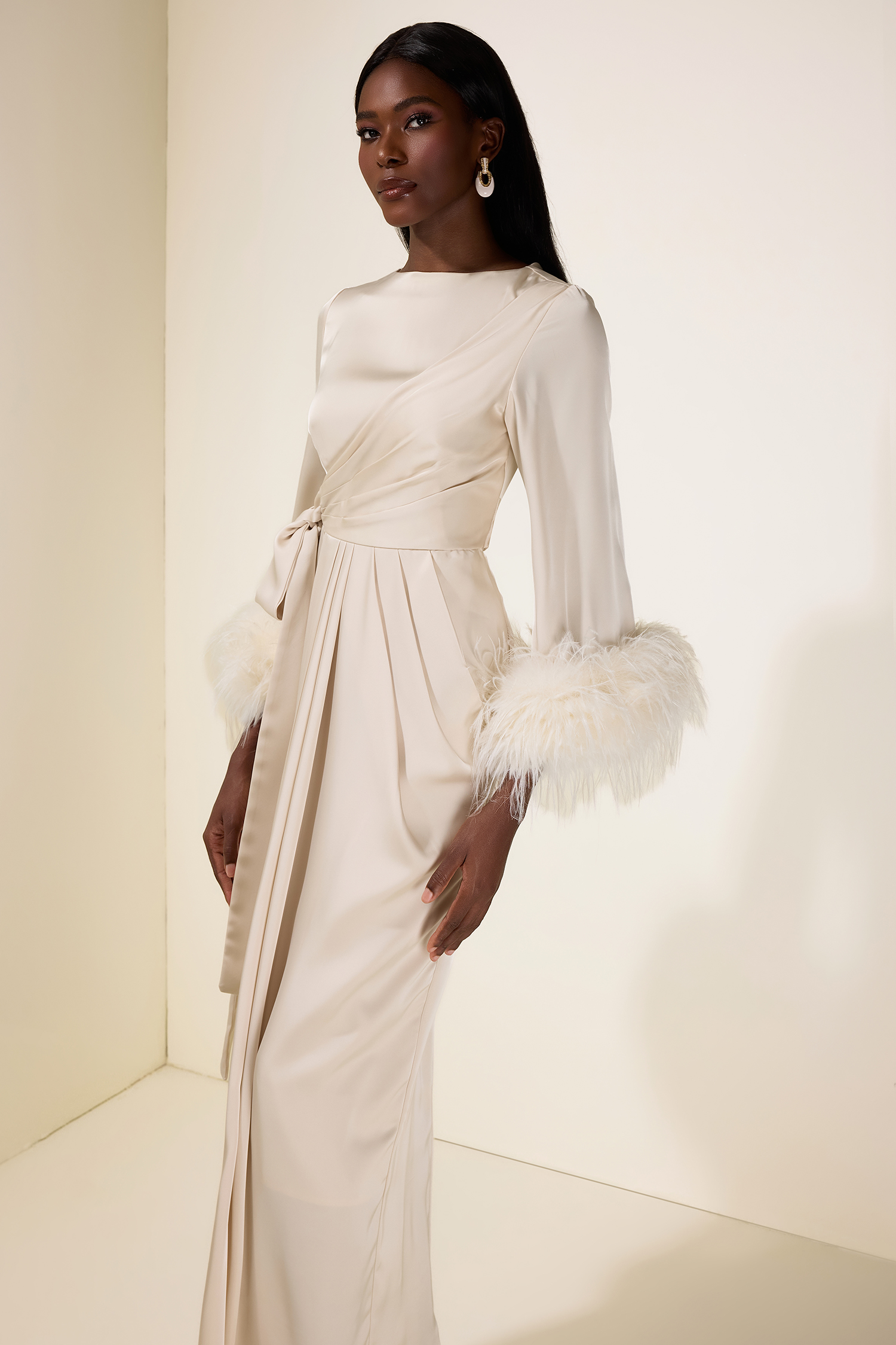 Satin Lace-Up Feather-Trimmed Pleated Maxi Dress