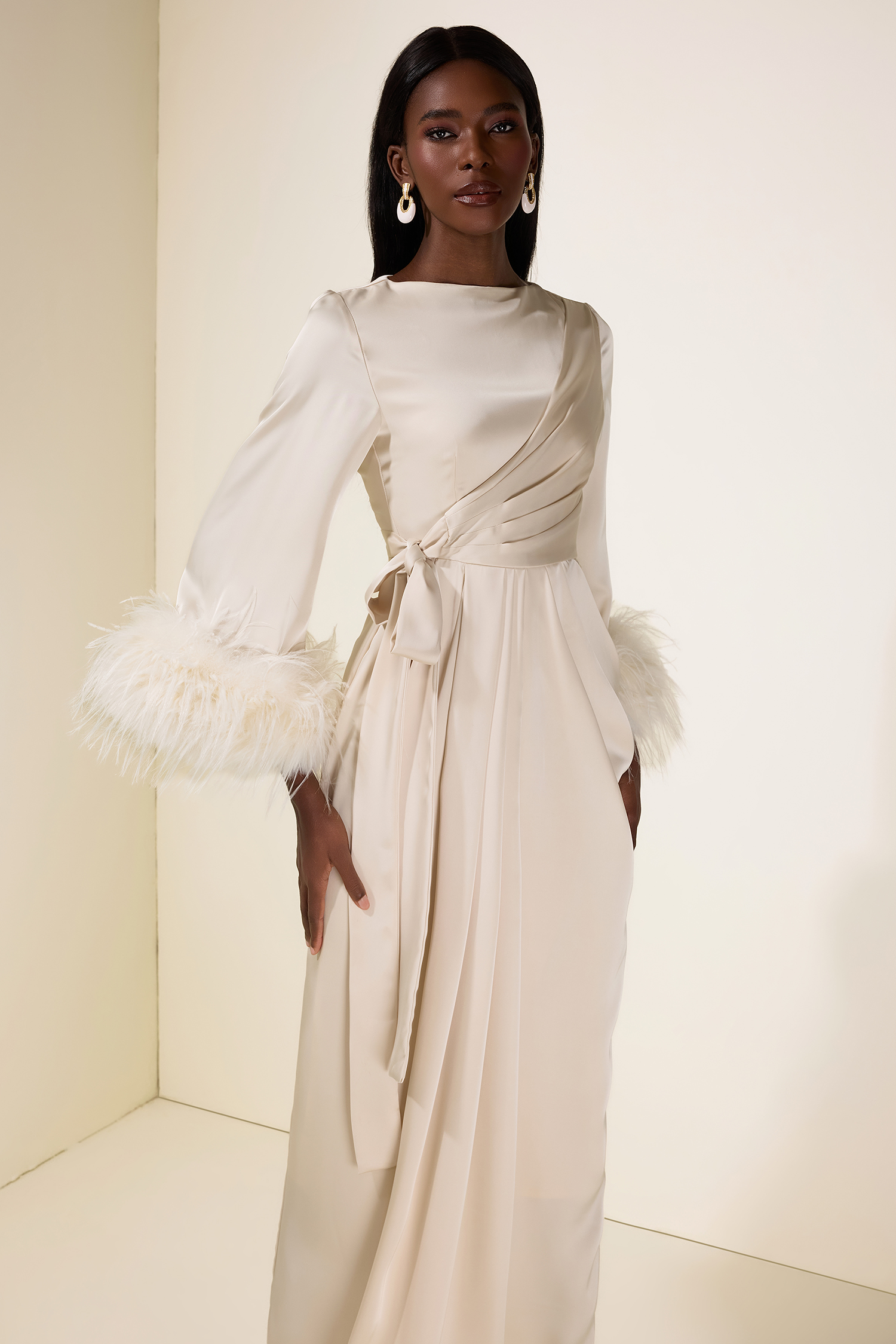 Satin Lace-Up Feather-Trimmed Pleated Maxi Dress