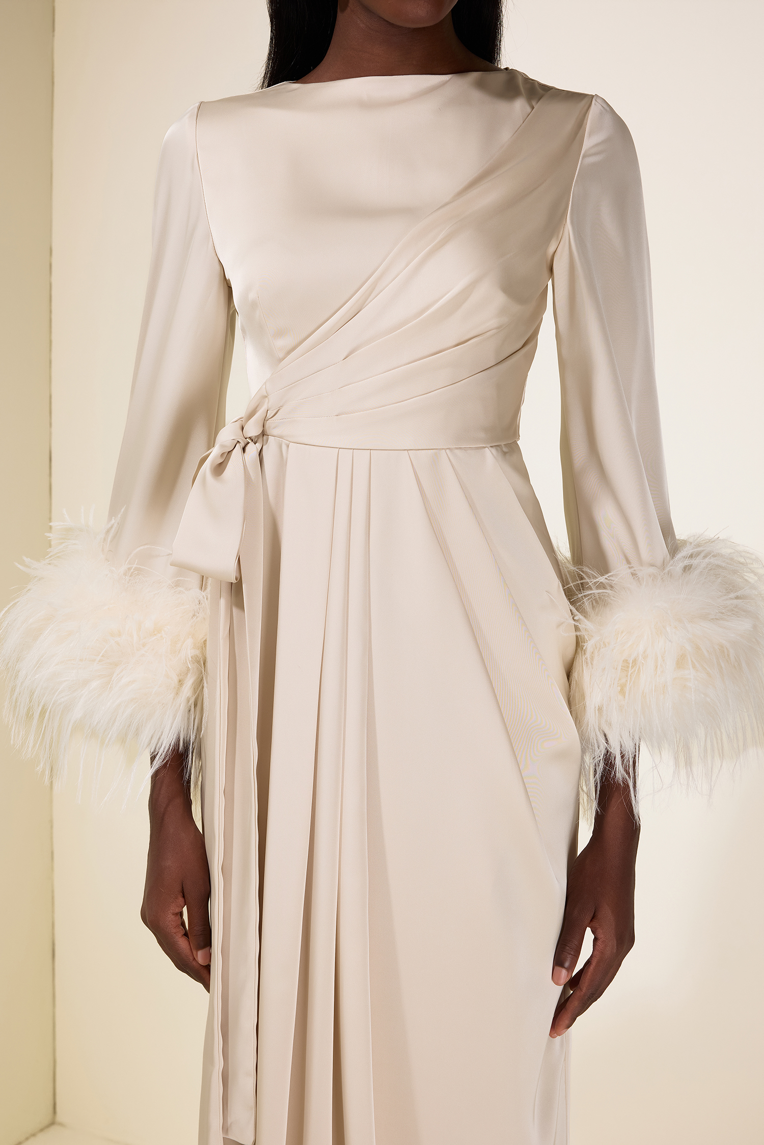 Satin Lace-Up Feather-Trimmed Pleated Maxi Dress