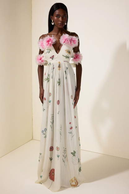 Chiffon Floral Off-Shoulder Maxi Dress