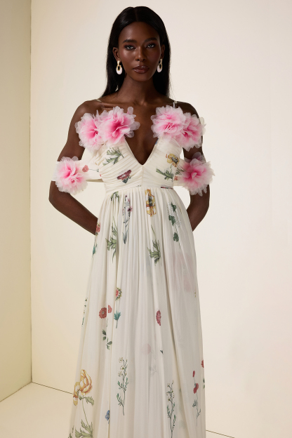 Chiffon Floral Off-Shoulder Maxi Dress