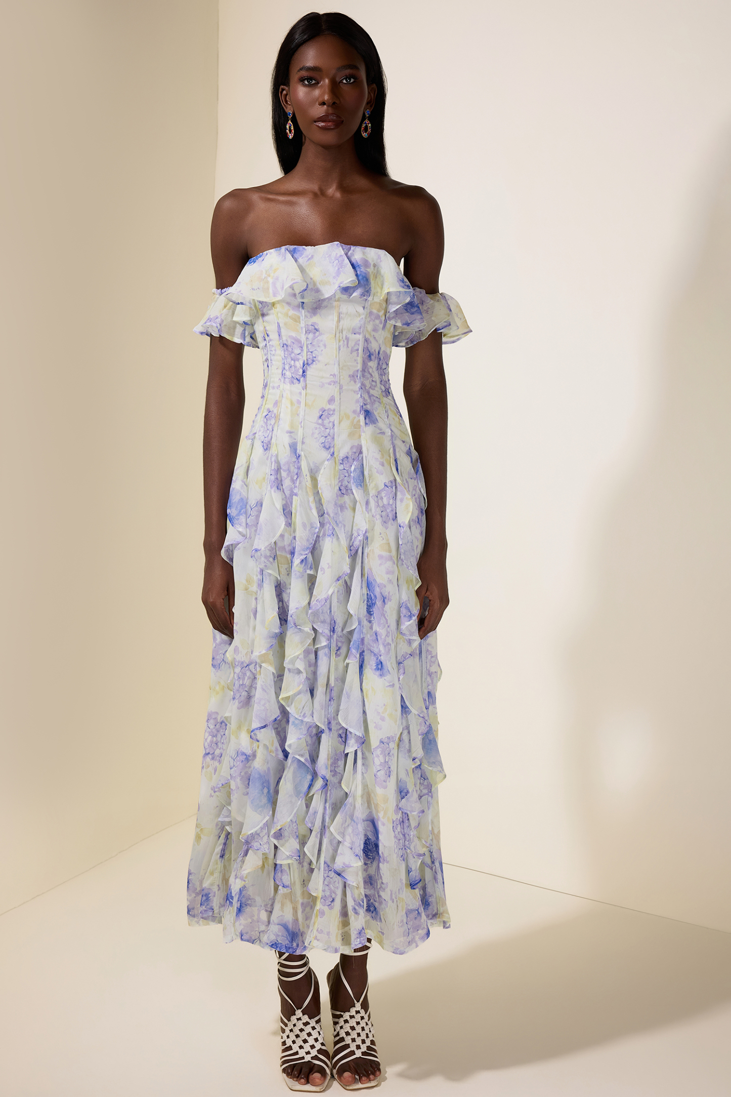 Floral Frill Off-Shoulder Maxi Dress