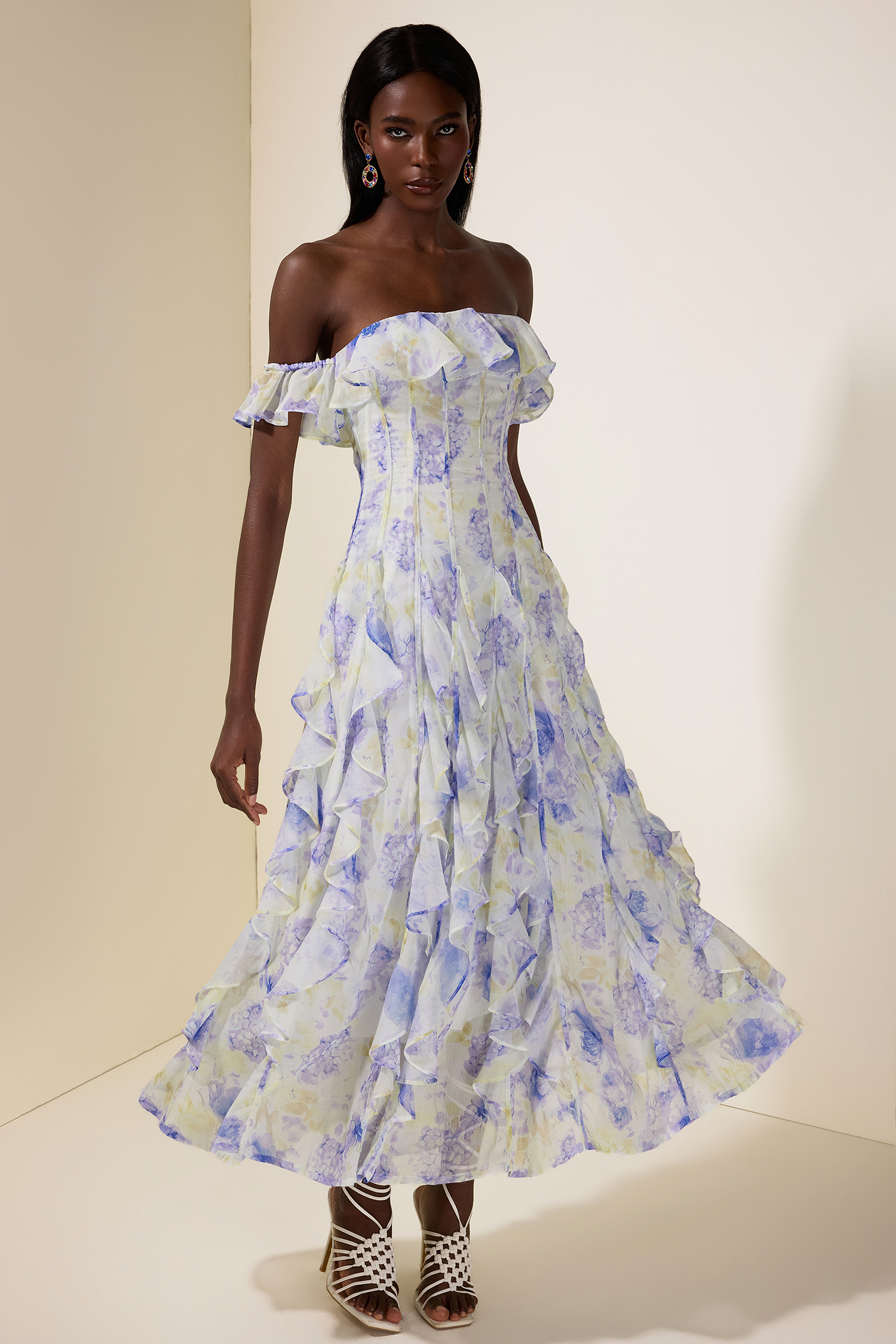 Floral Frill Off-Shoulder Maxi Dress