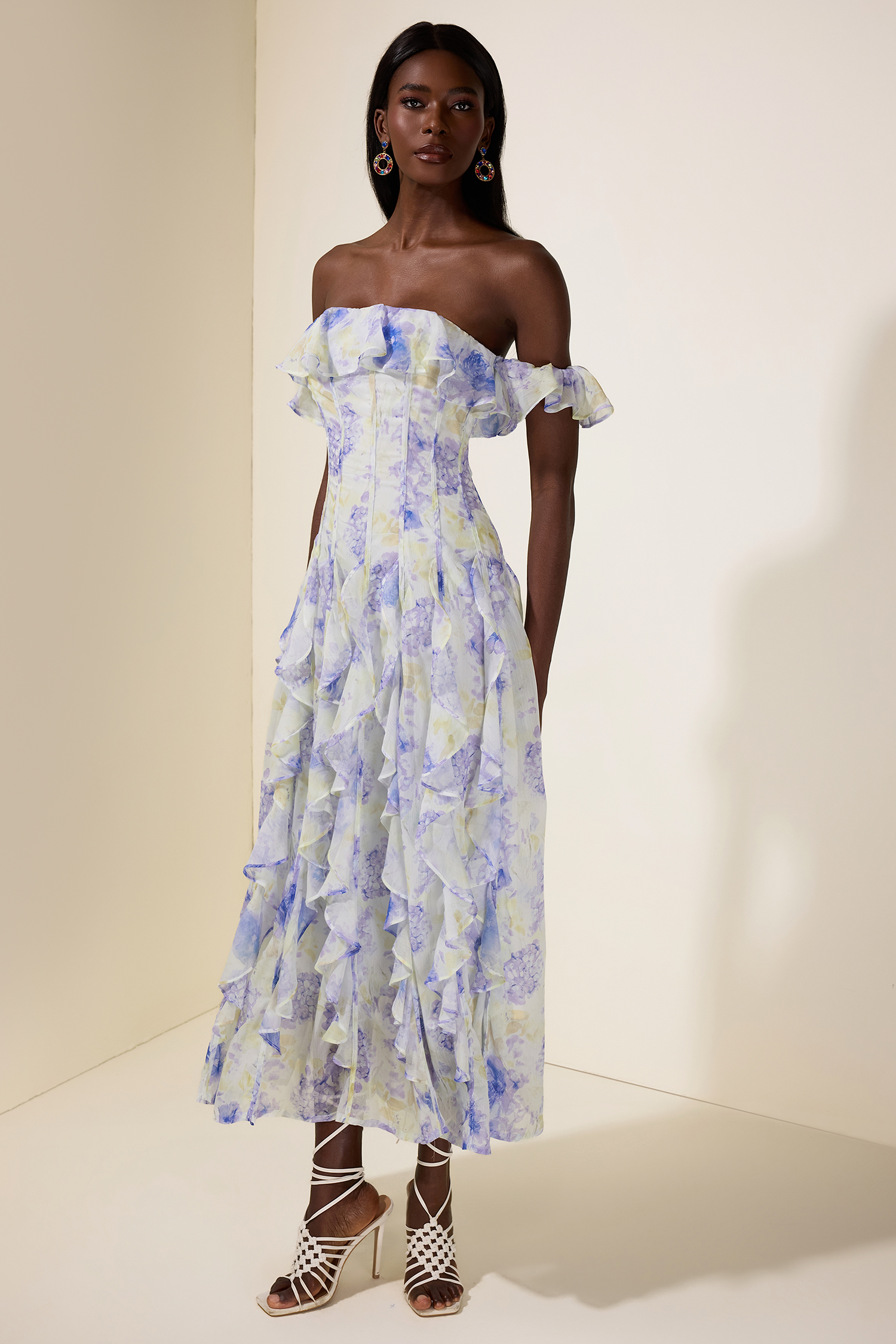 Floral Frill Off-Shoulder Maxi Dress