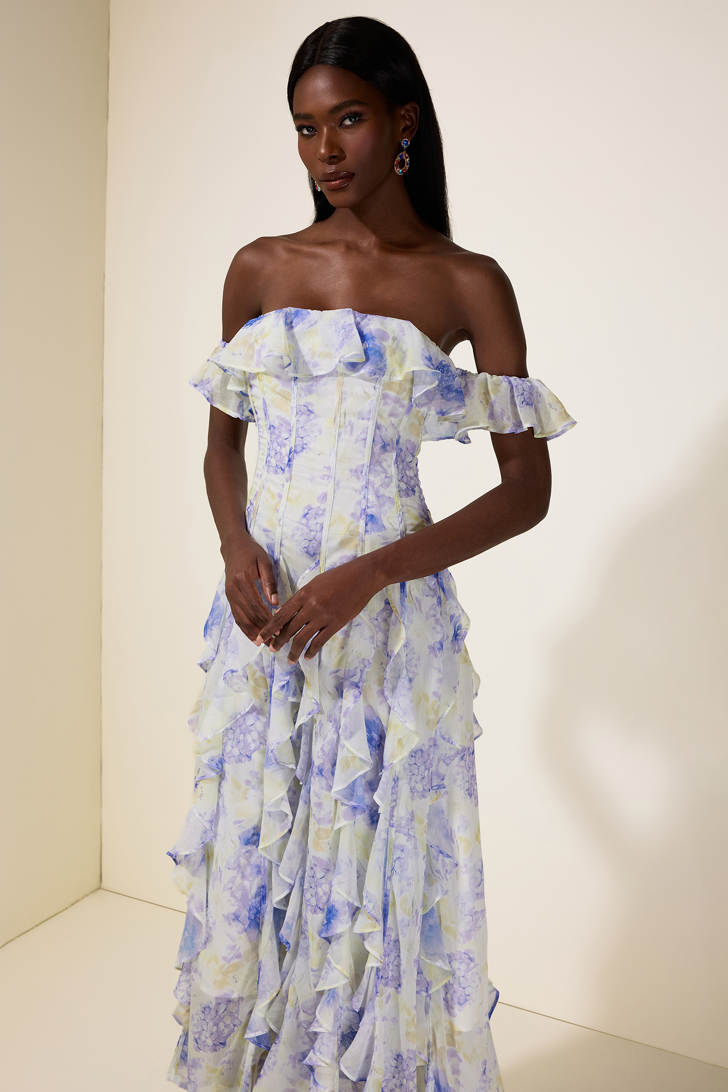 Floral Frill Off-Shoulder Maxi Dress