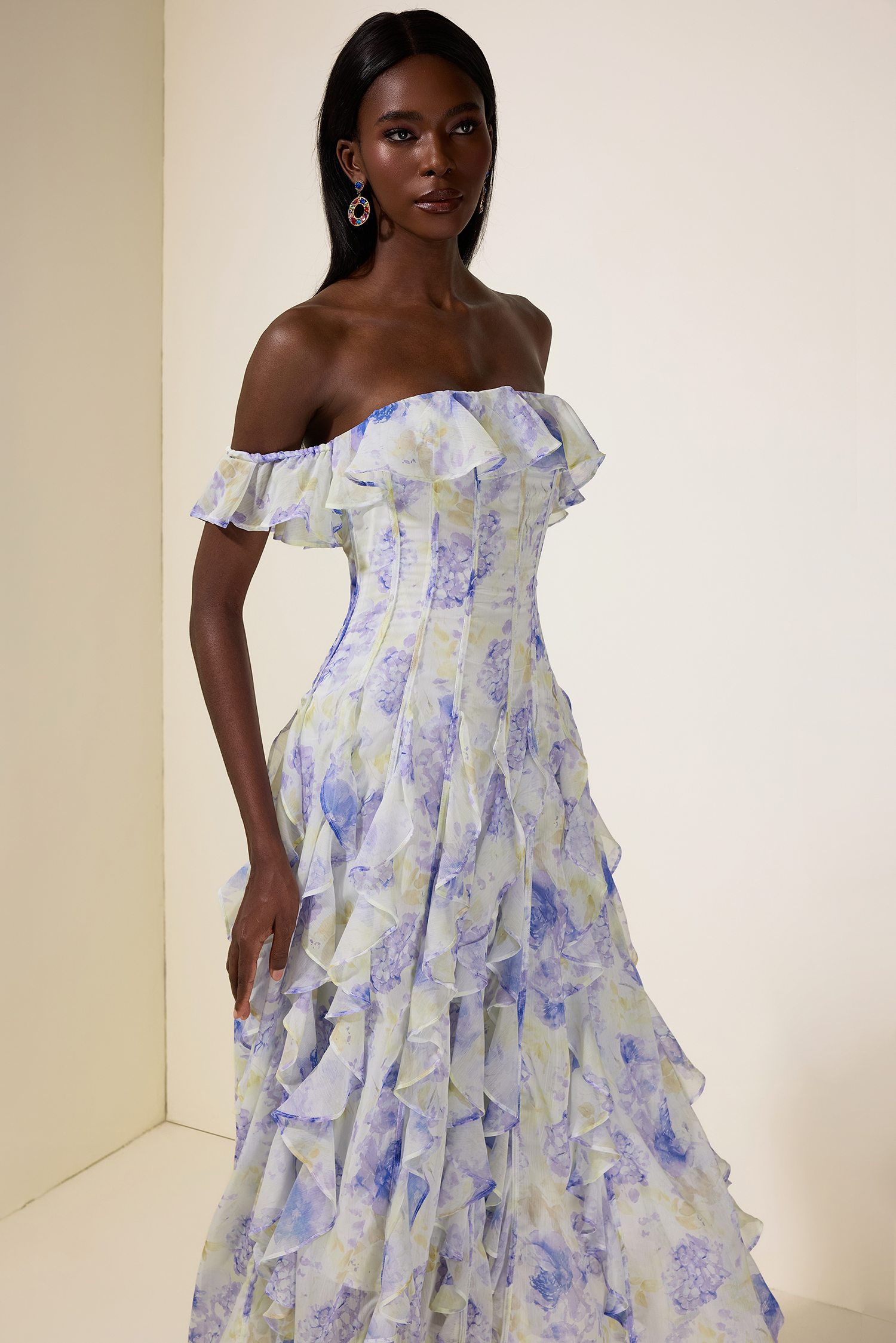 Floral Frill Off-Shoulder Maxi Dress