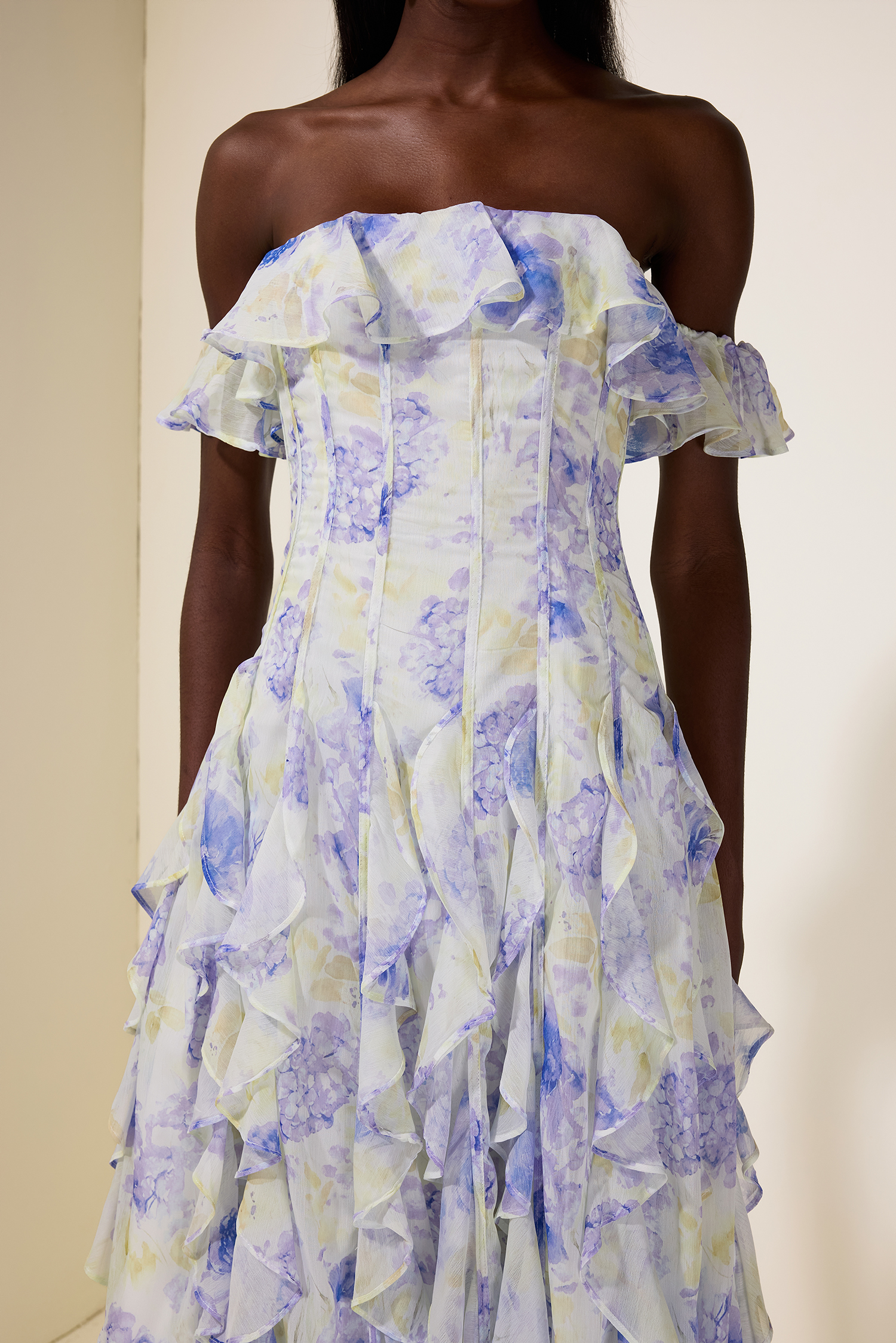 Floral Frill Off-Shoulder Maxi Dress