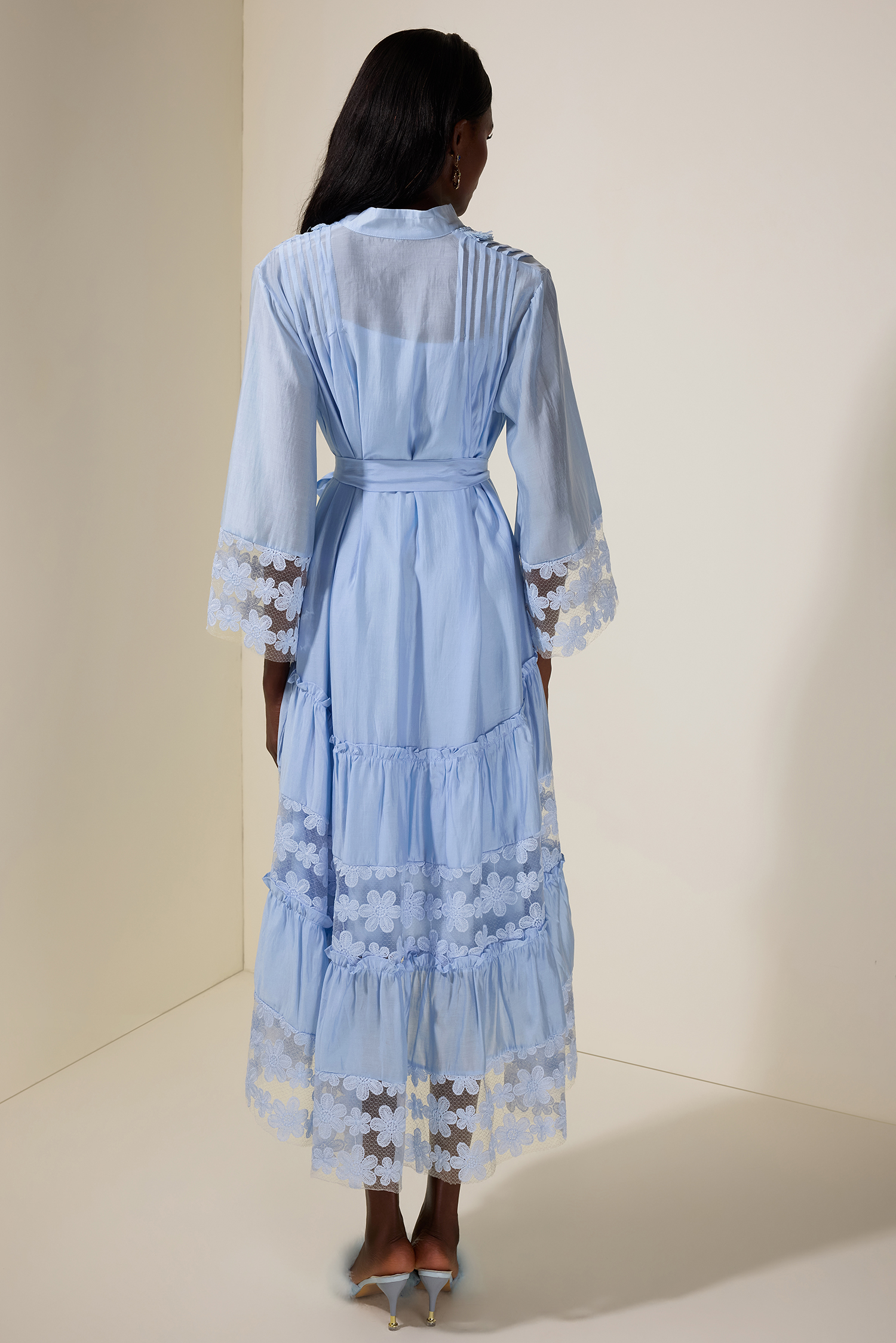 Embroidered Lace Midi Dress With Belt