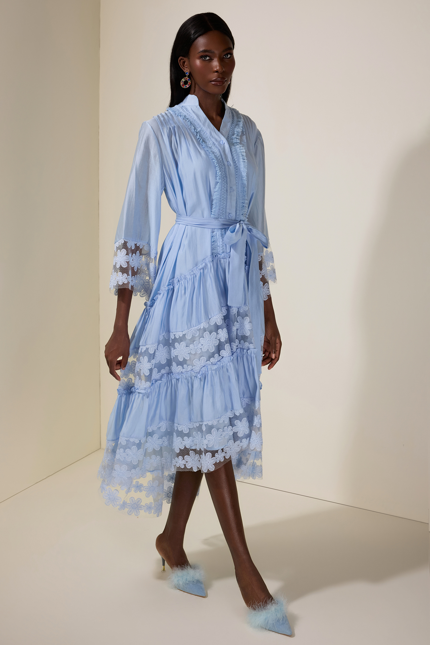 Embroidered Lace Midi Dress With Belt