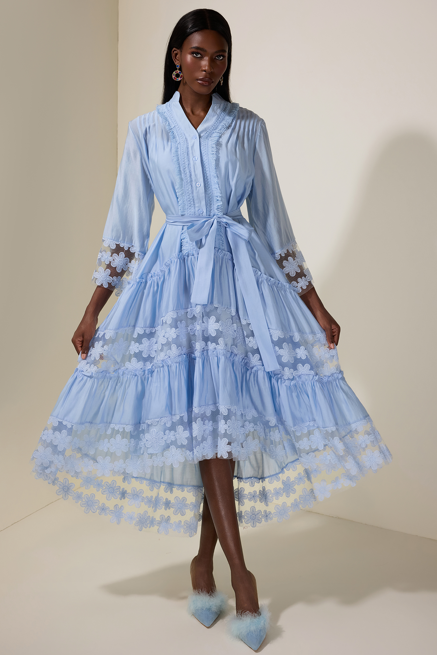 Embroidered Lace Midi Dress With Belt