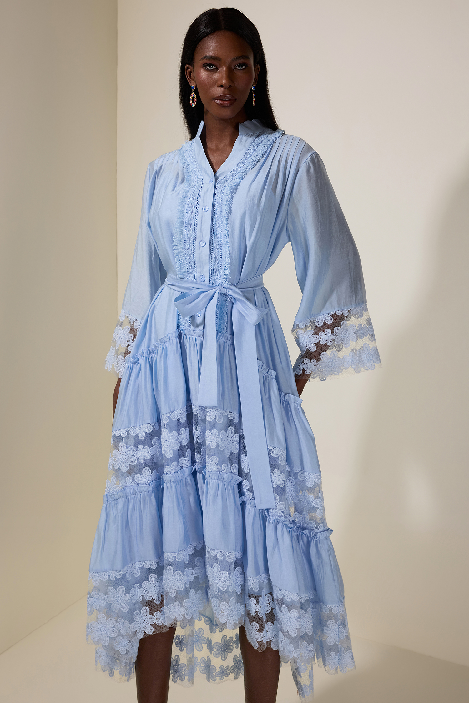 Embroidered Lace Midi Dress With Belt