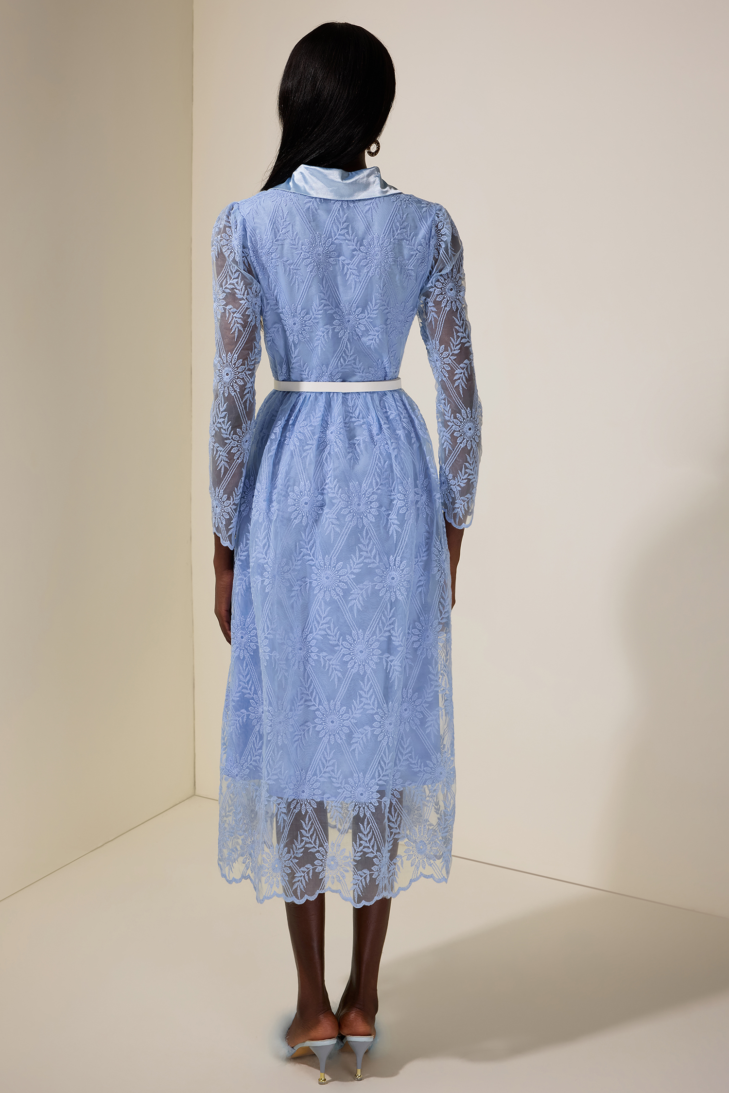 Organza Embroidered Metal Button Midi Dress With Belt