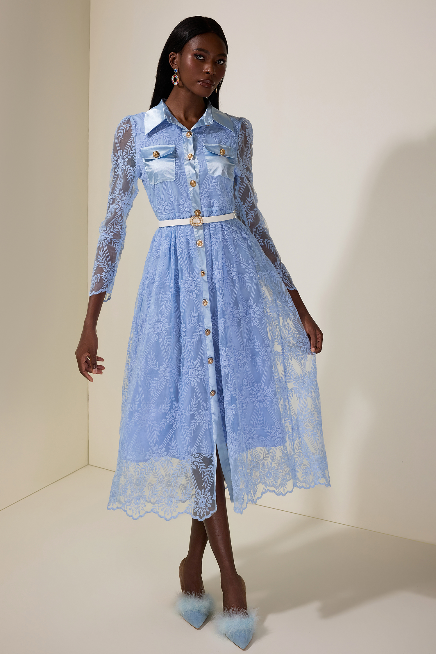Organza Embroidered Metal Button Midi Dress With Belt