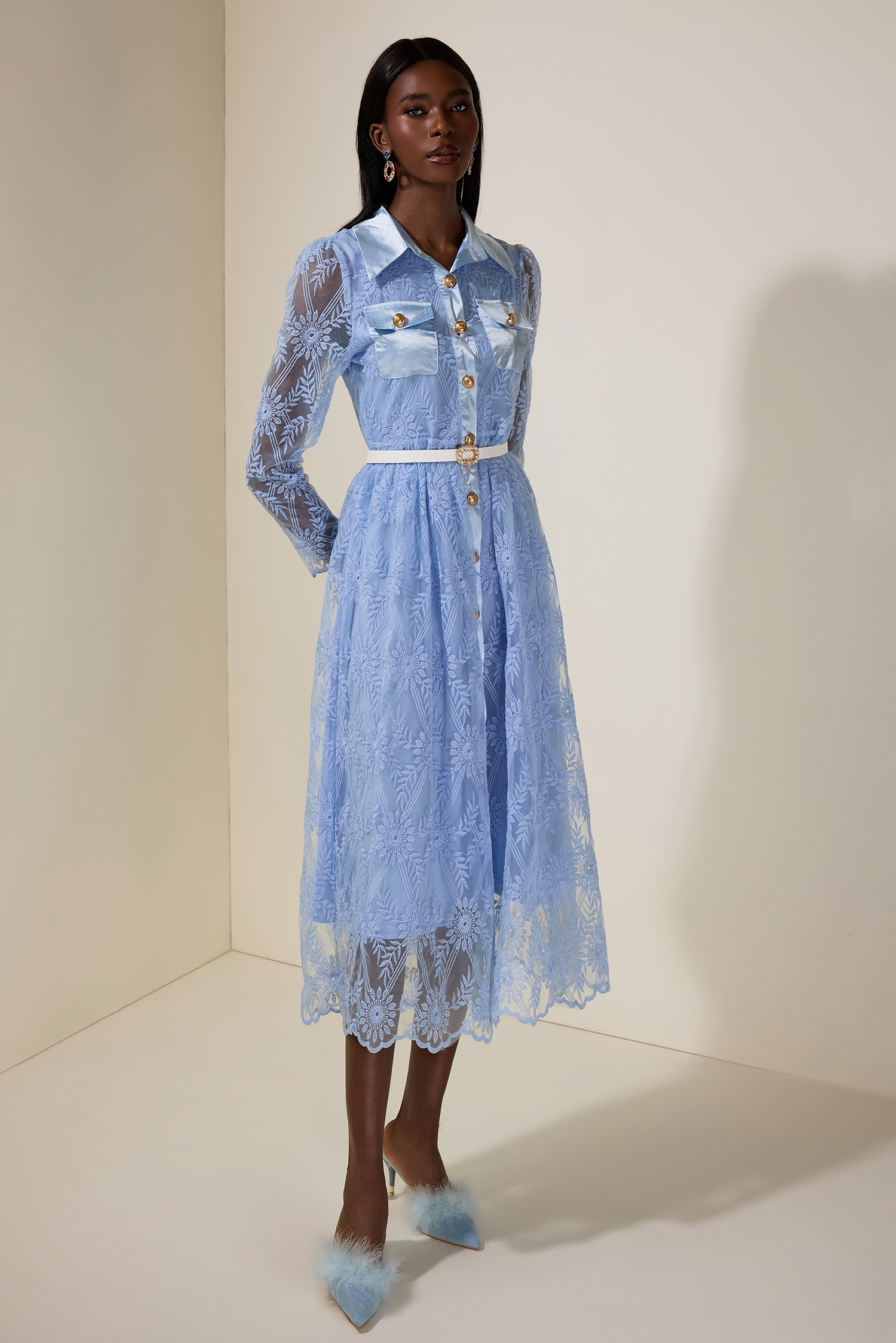 Organza Embroidered Metal Button Midi Dress With Belt