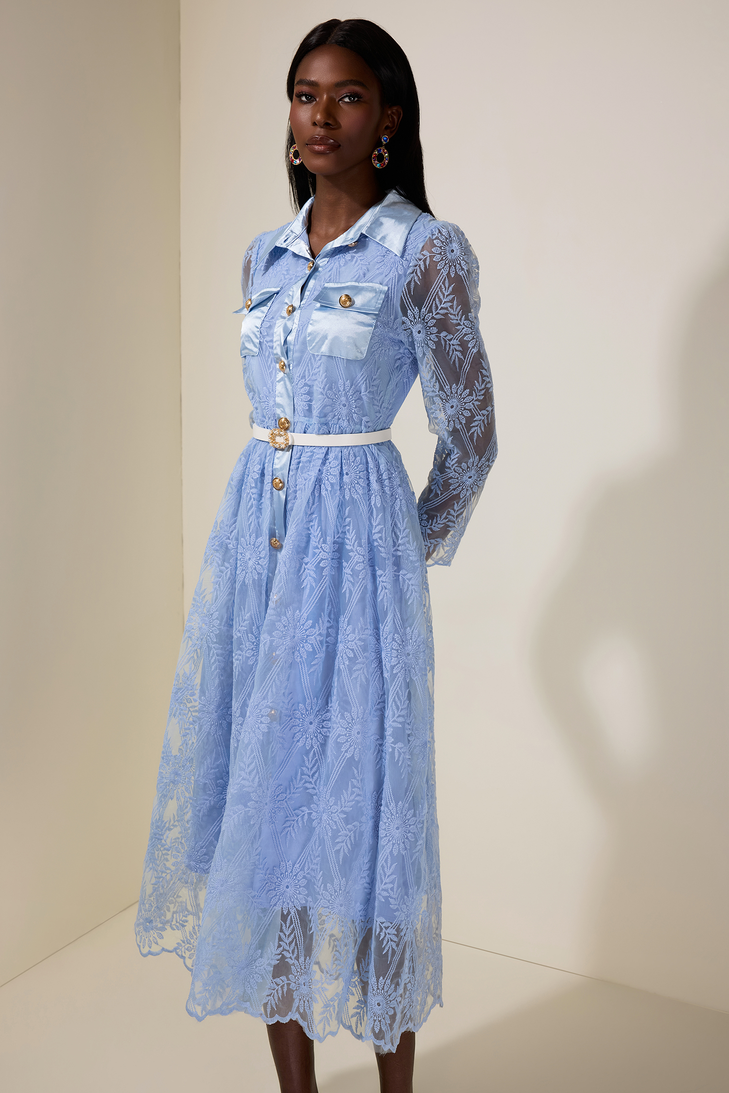 Organza Embroidered Metal Button Midi Dress With Belt