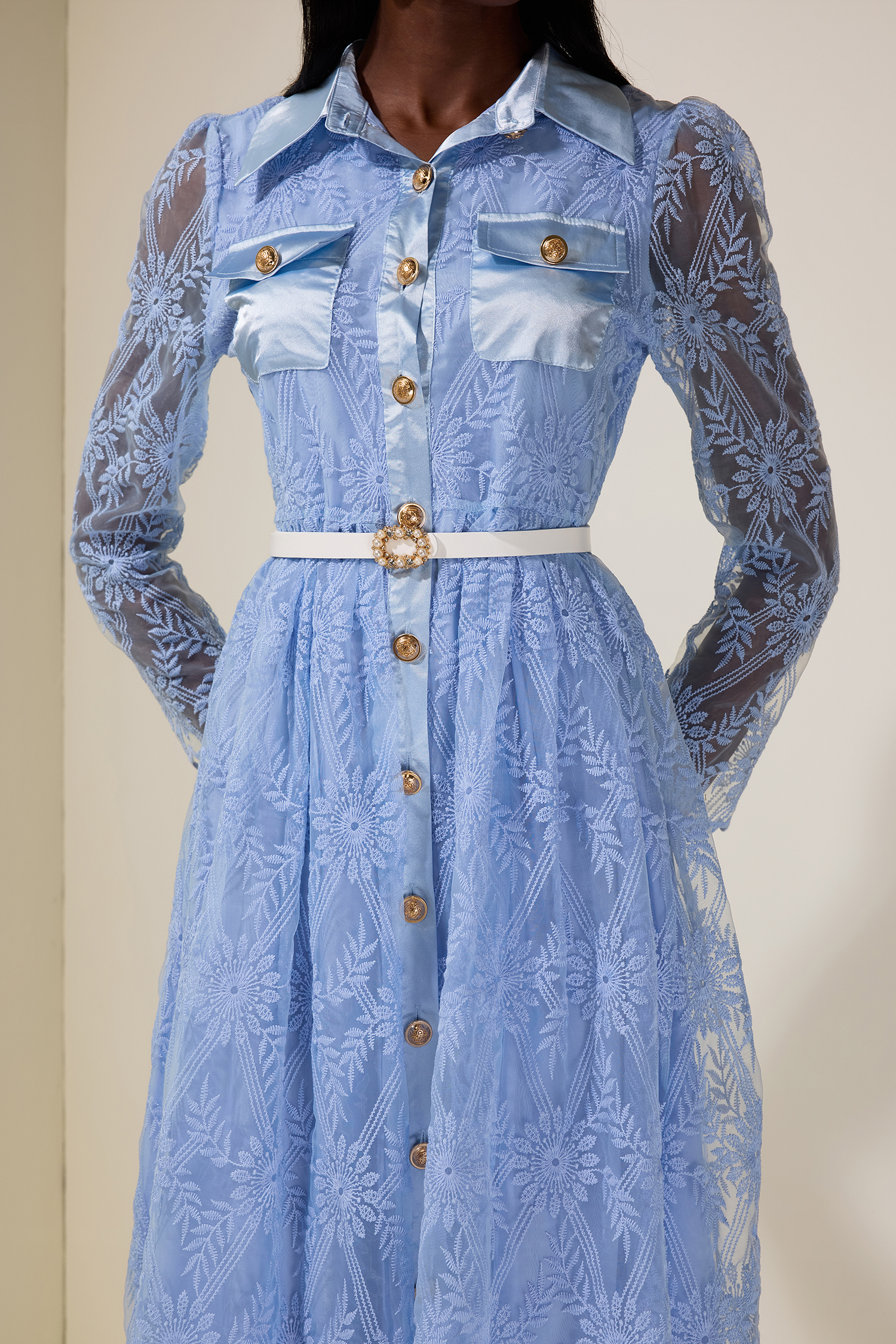 Organza Embroidered Metal Button Midi Dress With Belt