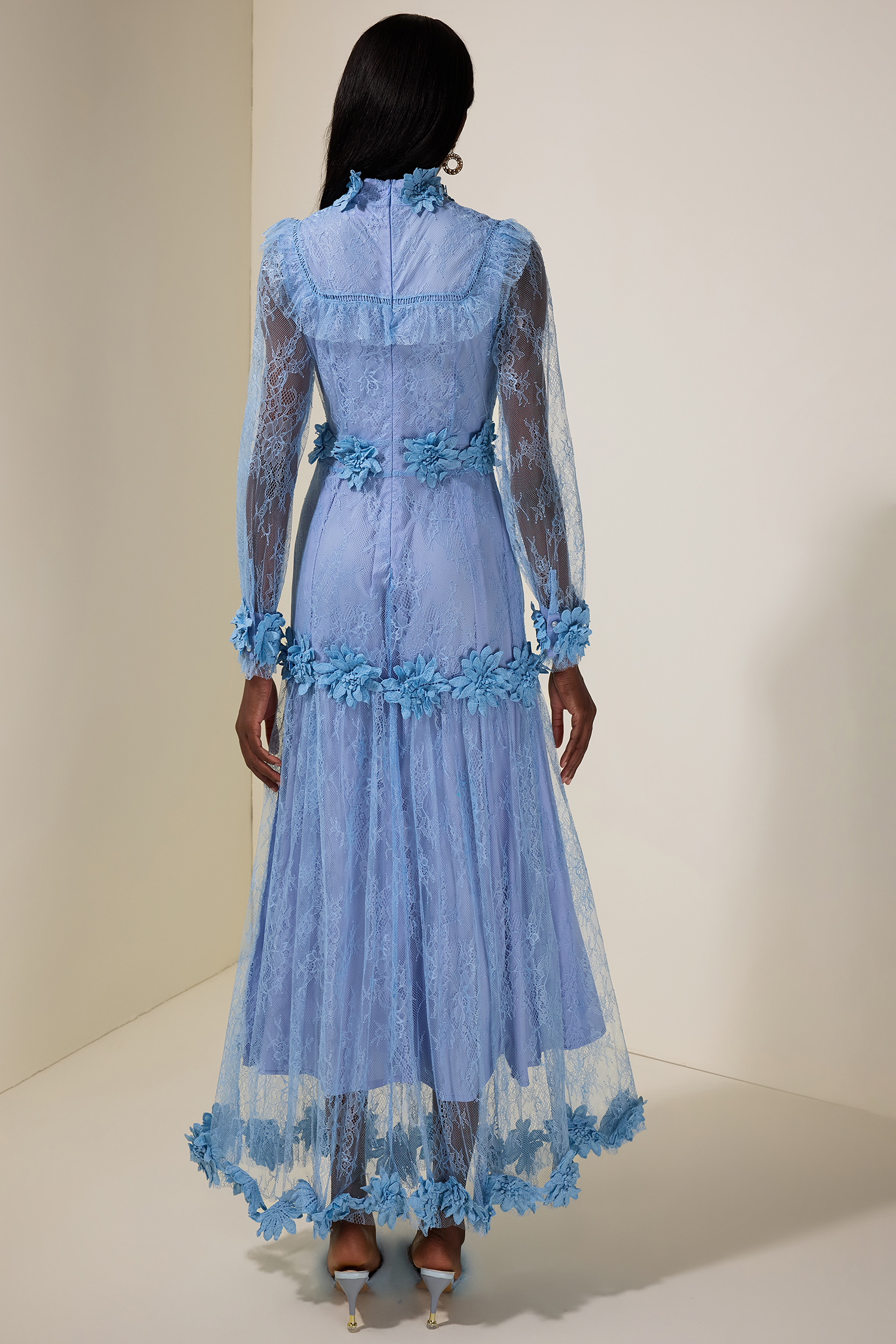 Lace 3D Flower Long Sleeve Midi Dress