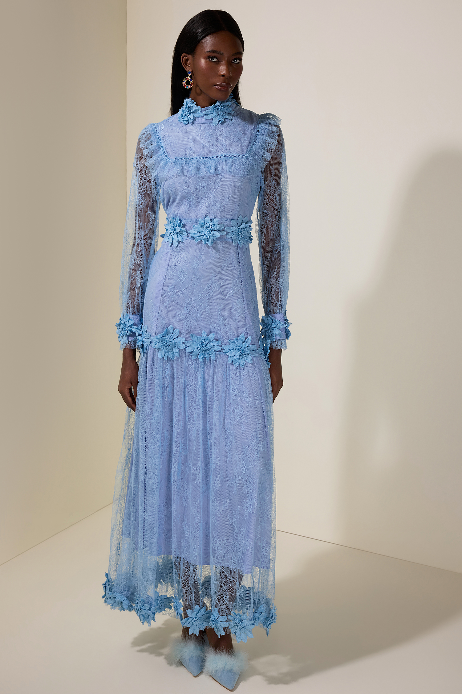 Lace 3D Flower Long Sleeve Midi Dress