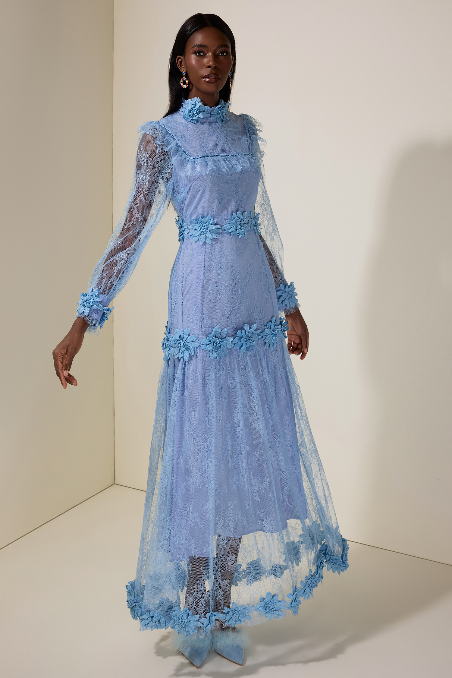 Lace 3D Flower Long Sleeve Midi Dress