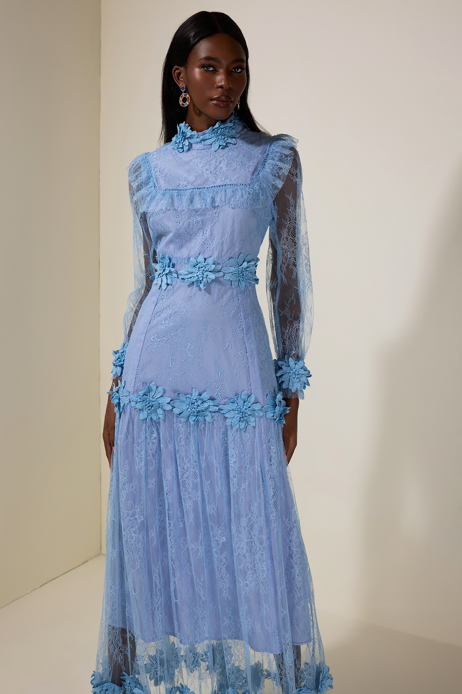 Lace 3D Flower Long Sleeve Midi Dress