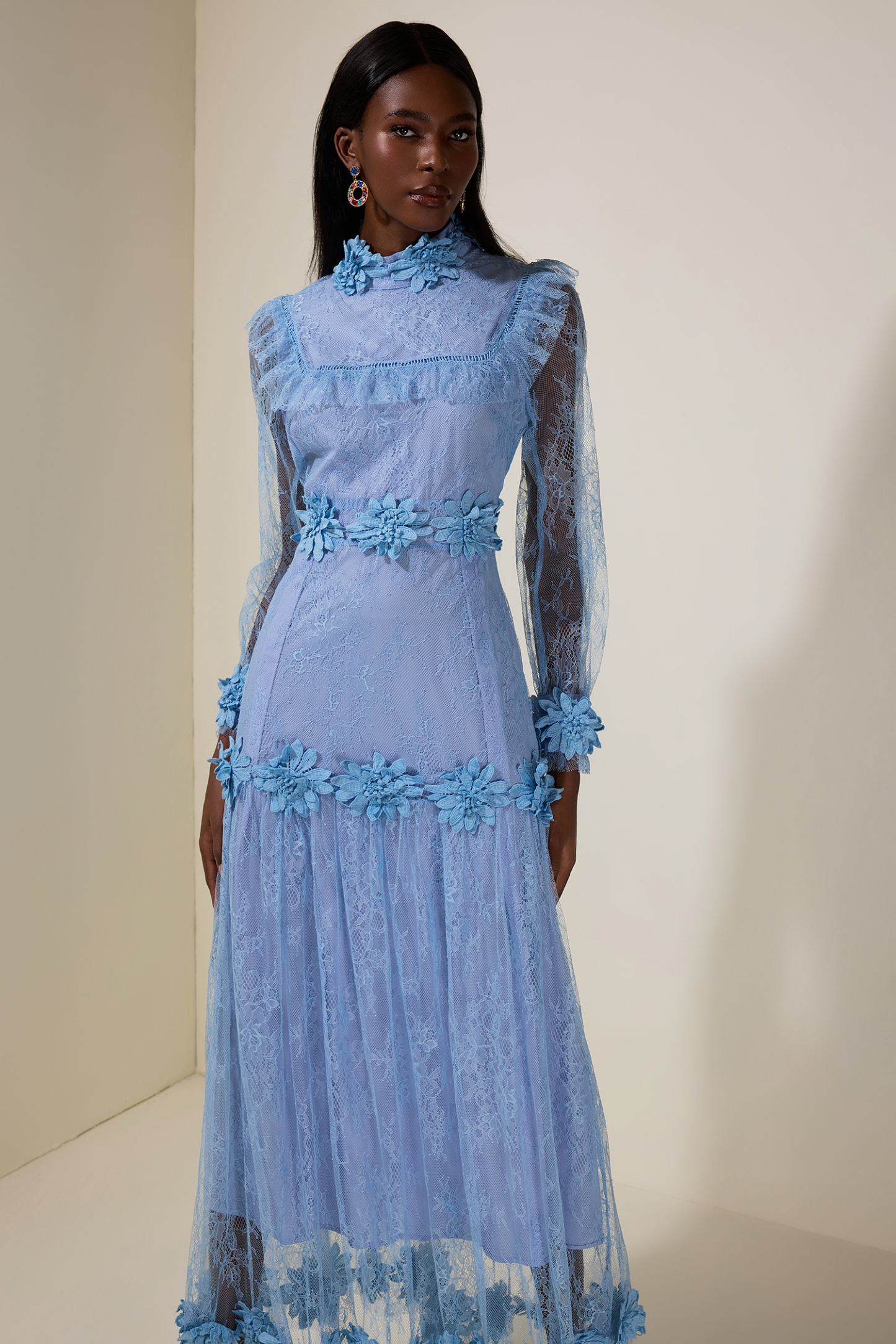 Lace 3D Flower Long Sleeve Midi Dress