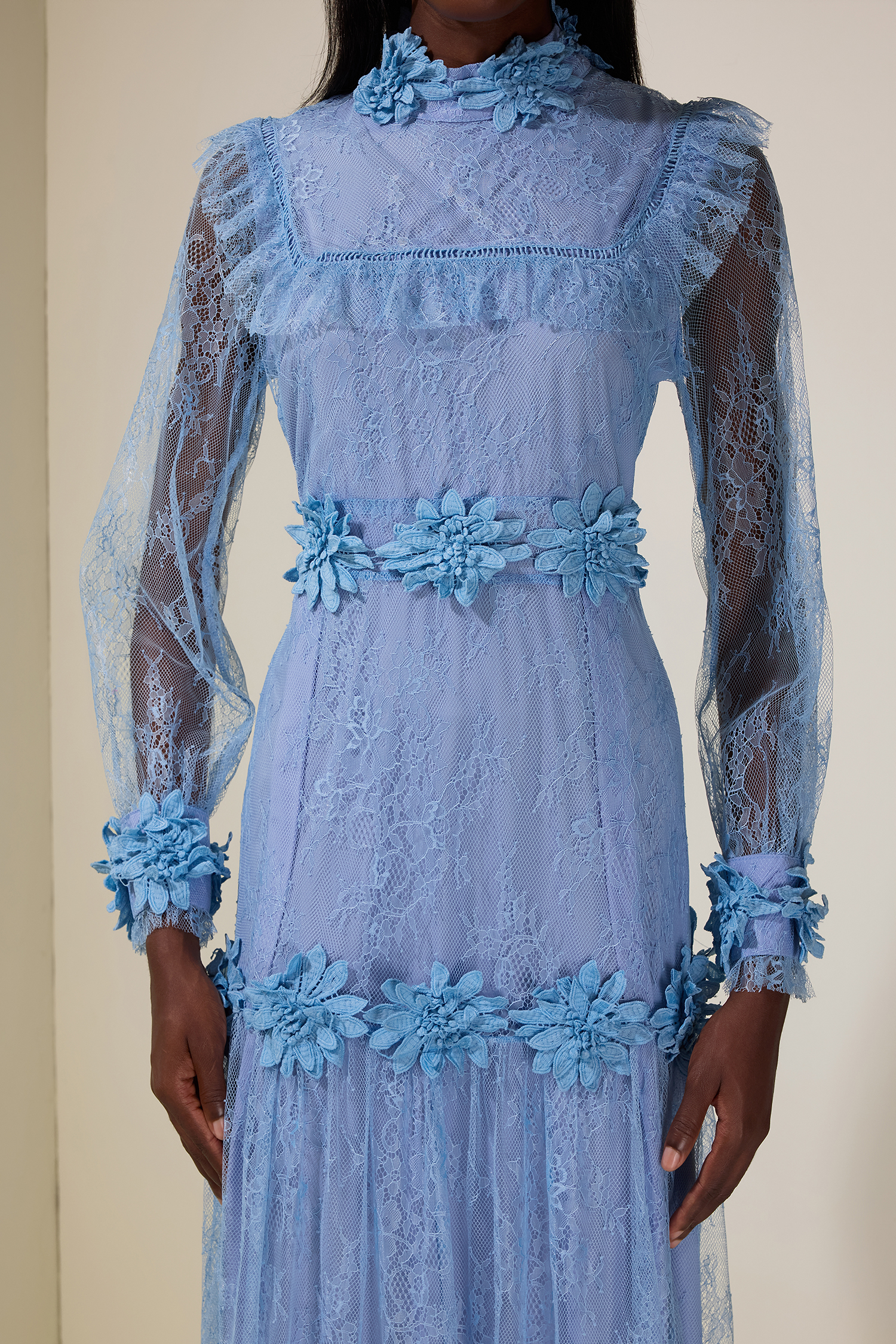 Lace 3D Flower Long Sleeve Midi Dress