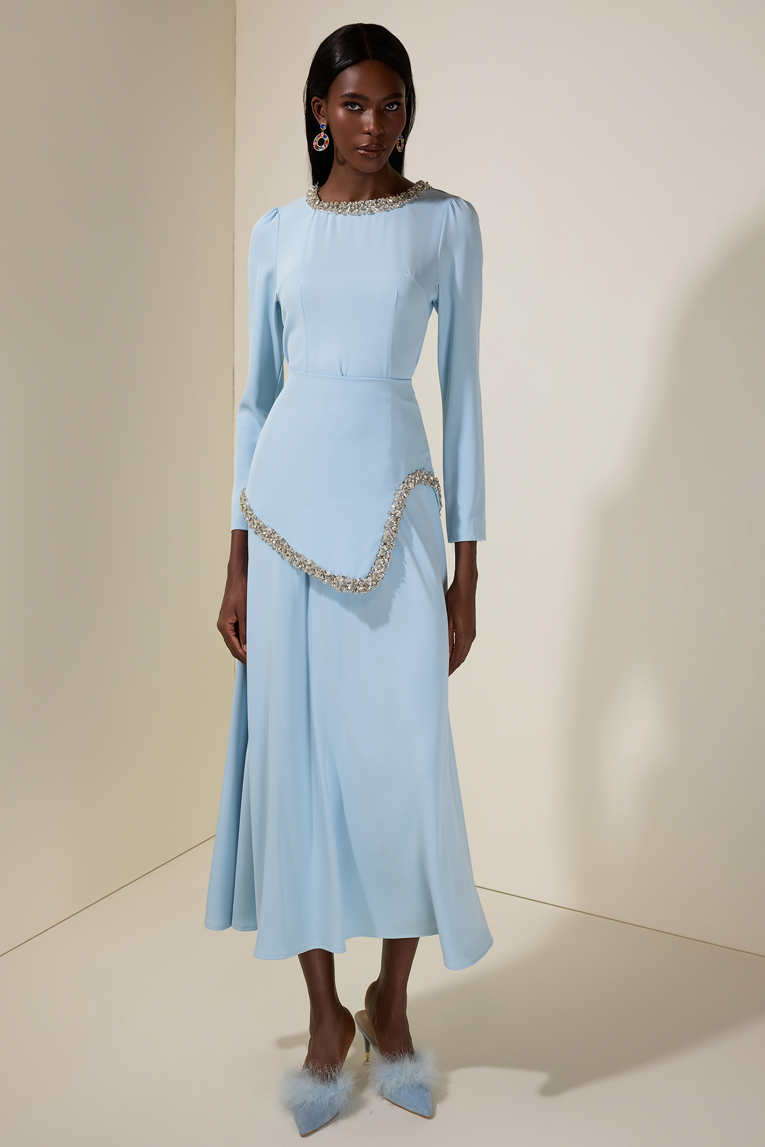 Rhinestone Long Sleeve Midi Dress