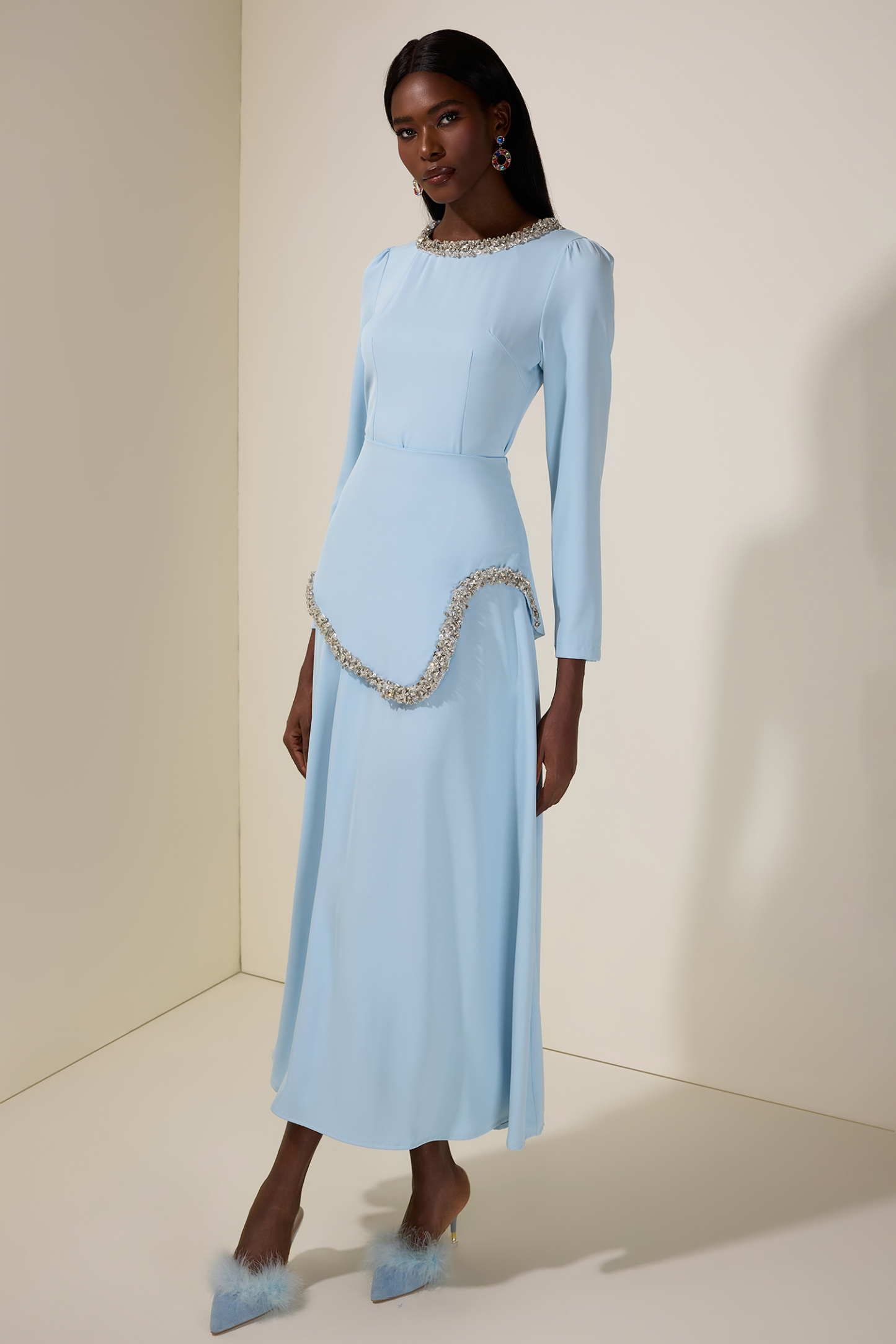 Rhinestone Long Sleeve Midi Dress