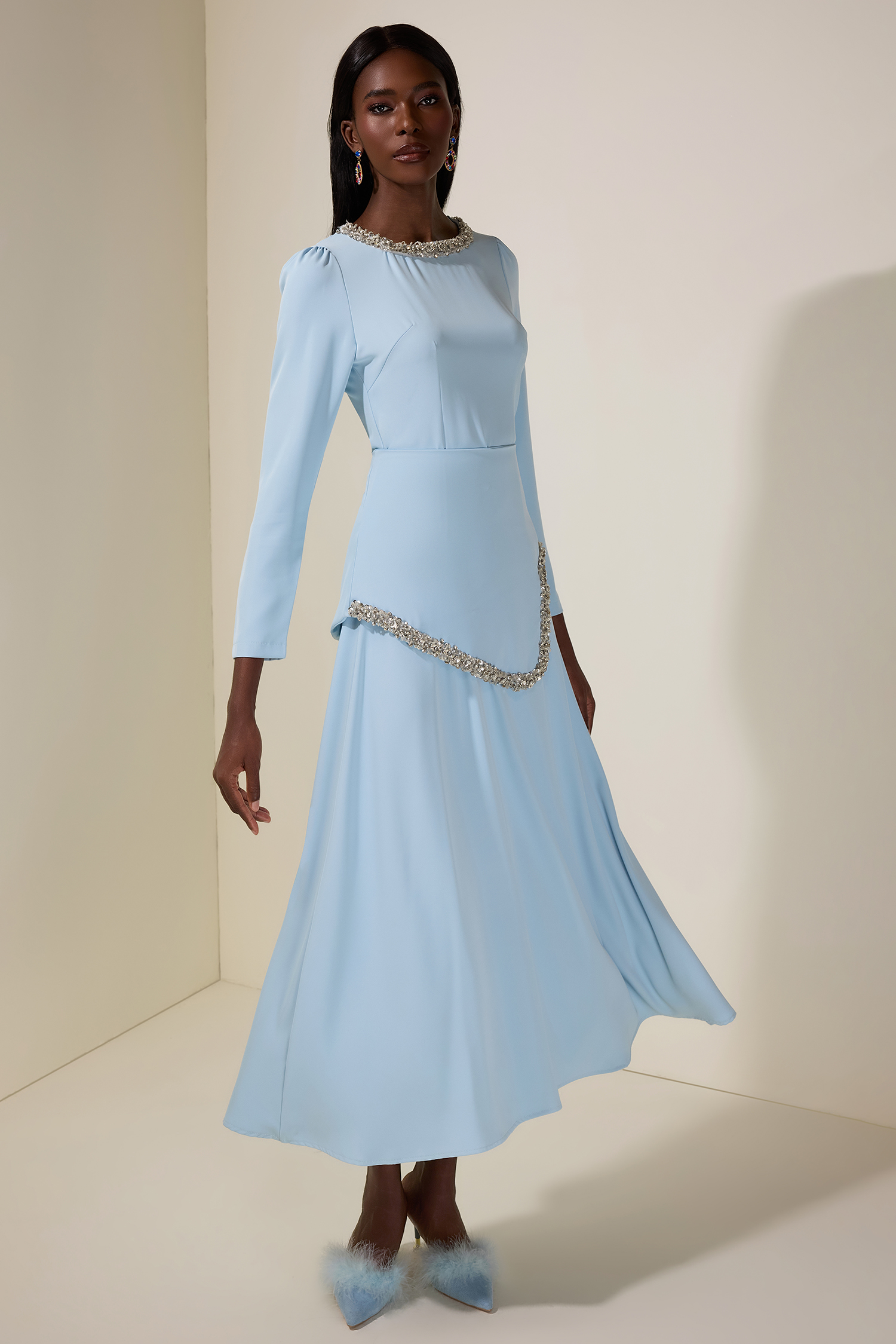 Rhinestone Long Sleeve Midi Dress