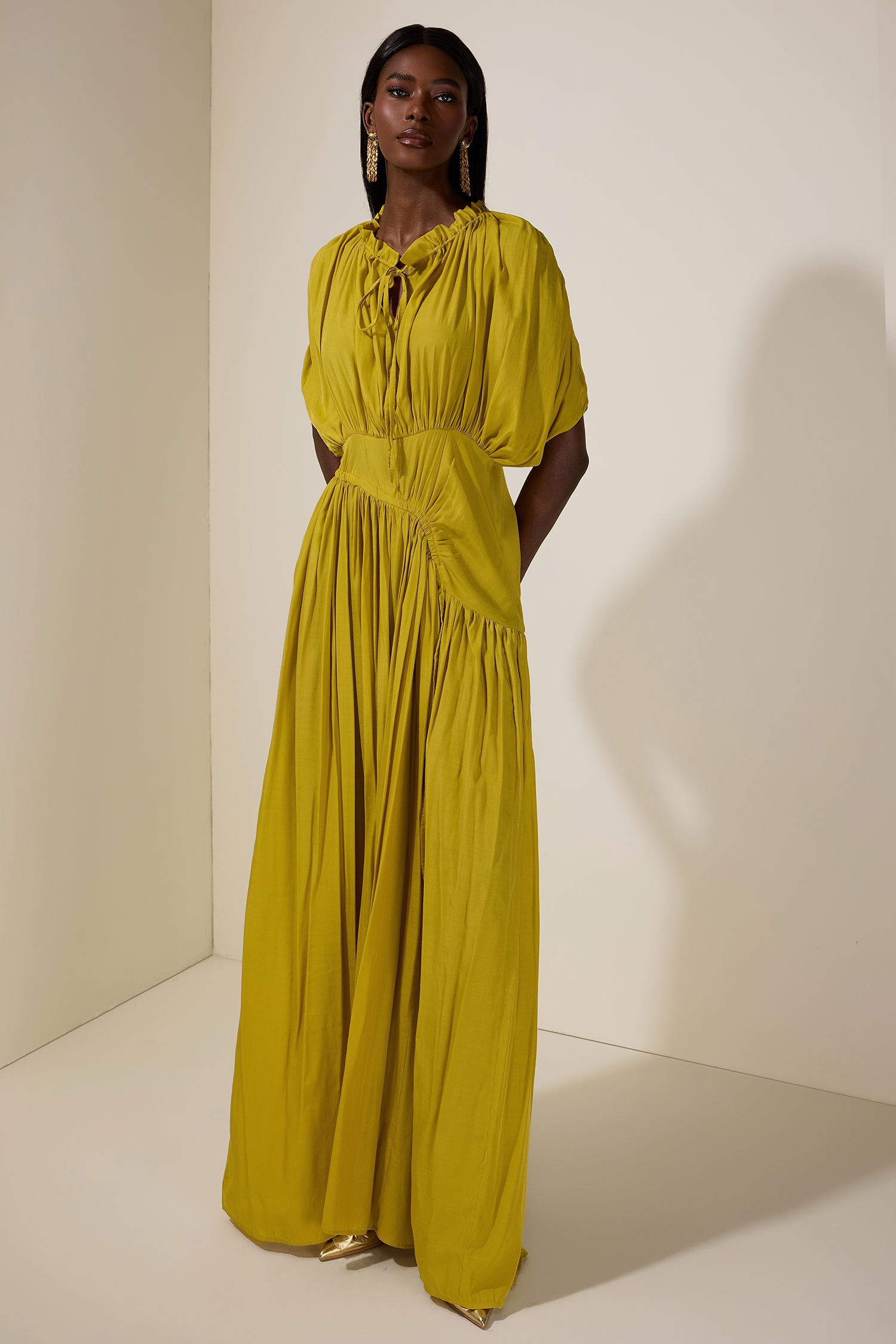 Solid Shirring Tie-Up Maxi Dress