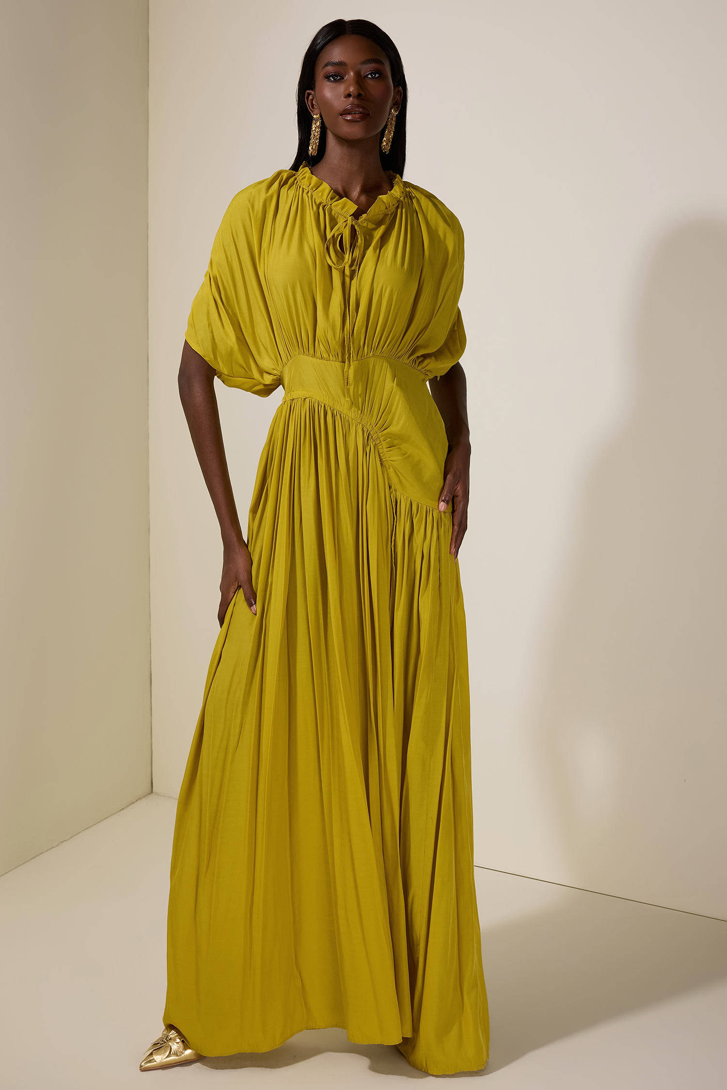 Solid Shirring Tie-Up Maxi Dress