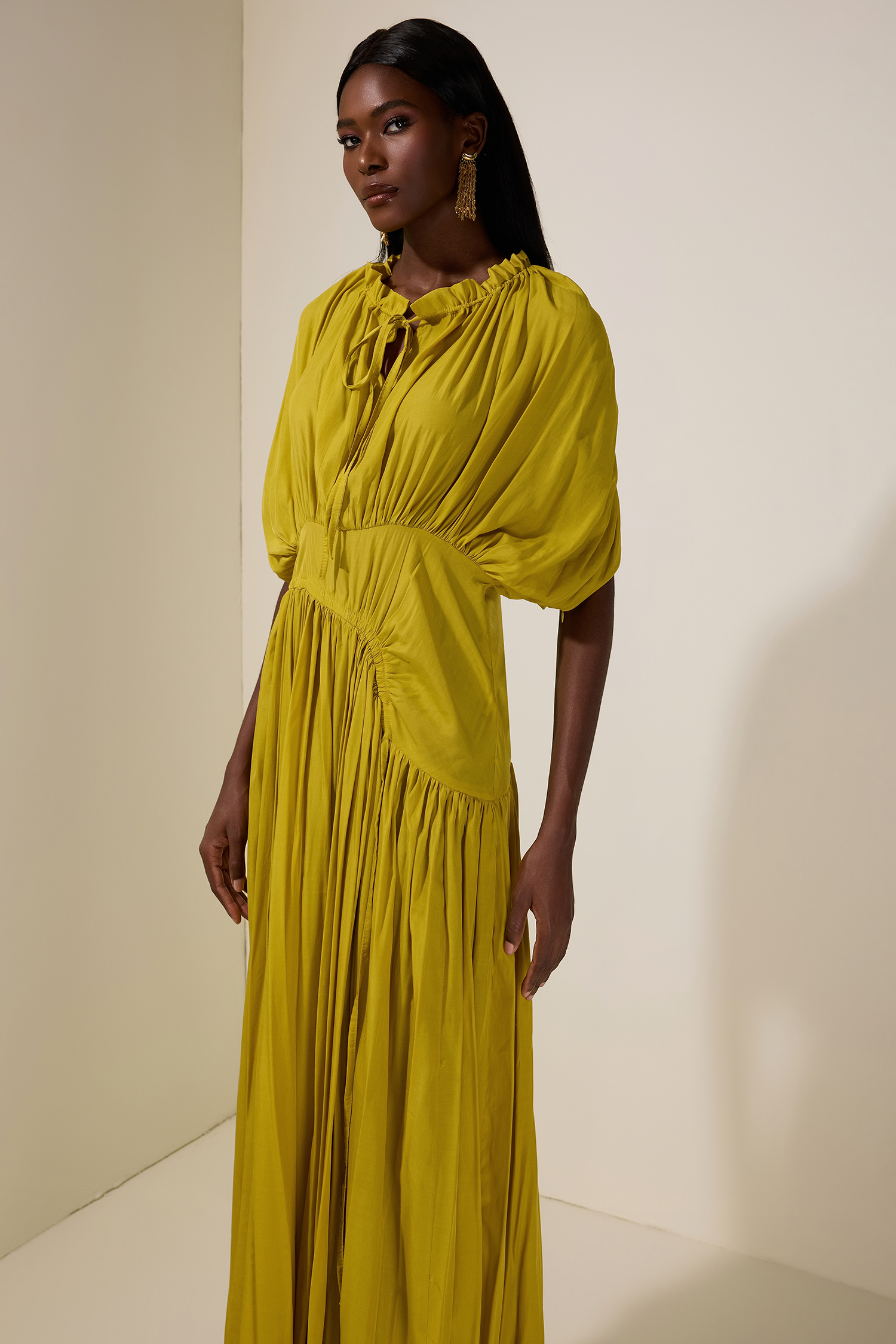 Solid Shirring Tie-Up Maxi Dress