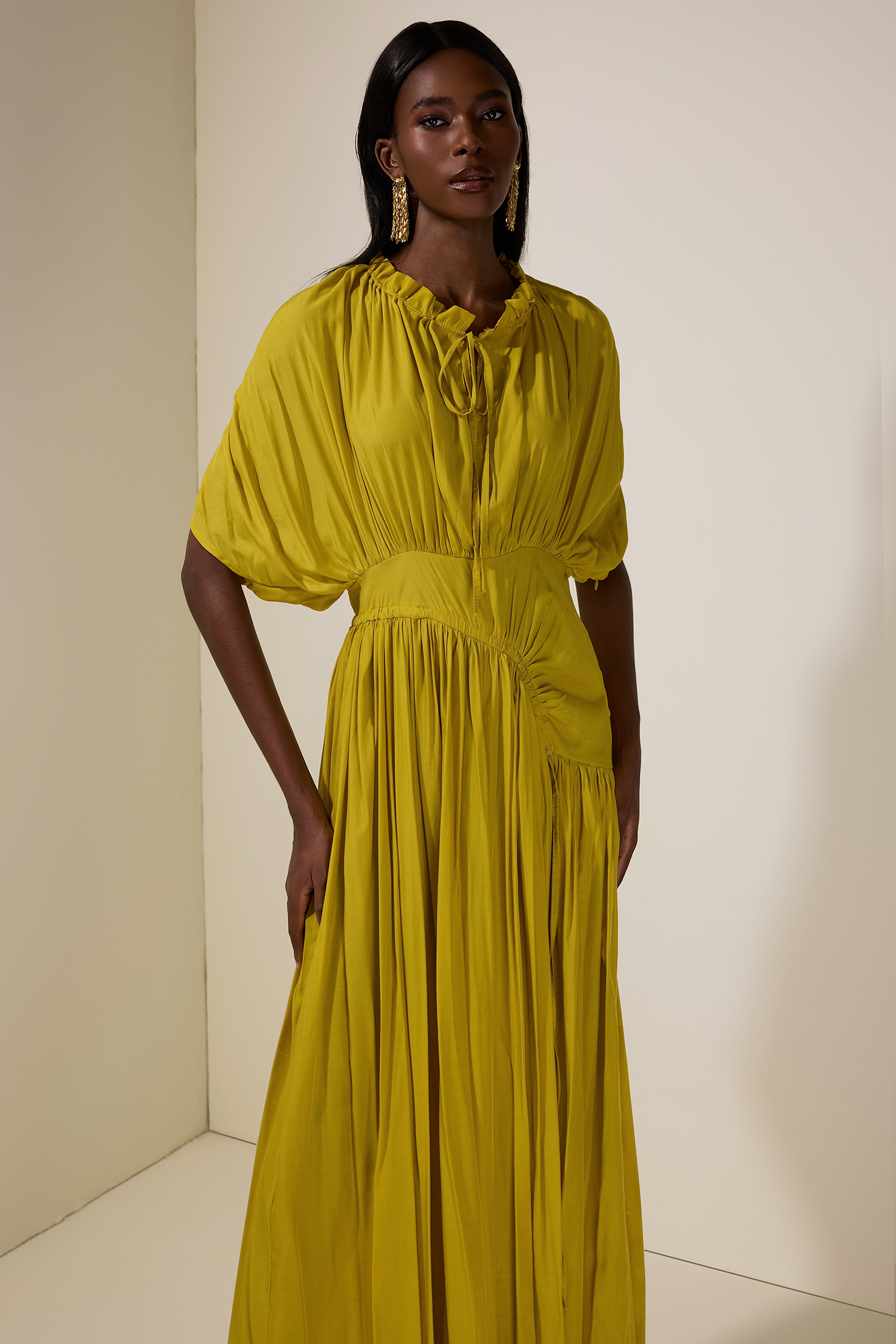 Solid Shirring Tie-Up Maxi Dress