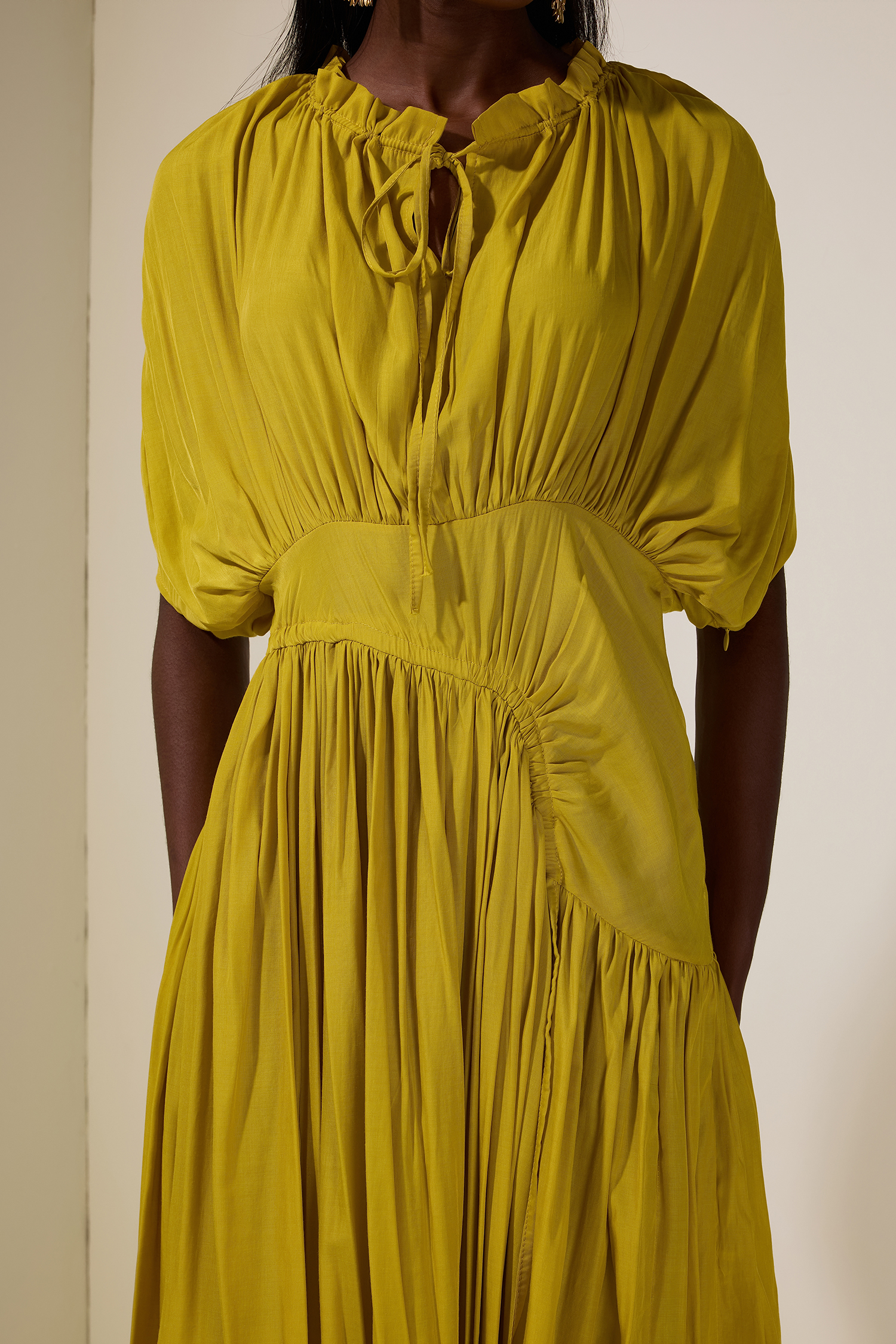 Solid Shirring Tie-Up Maxi Dress