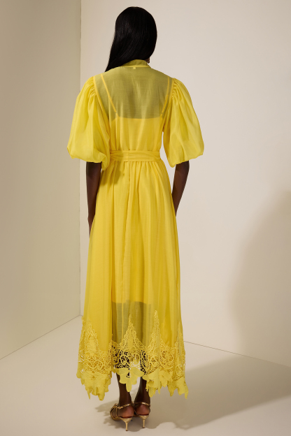 Solid Puff Sleeve Midi Dress With Belt