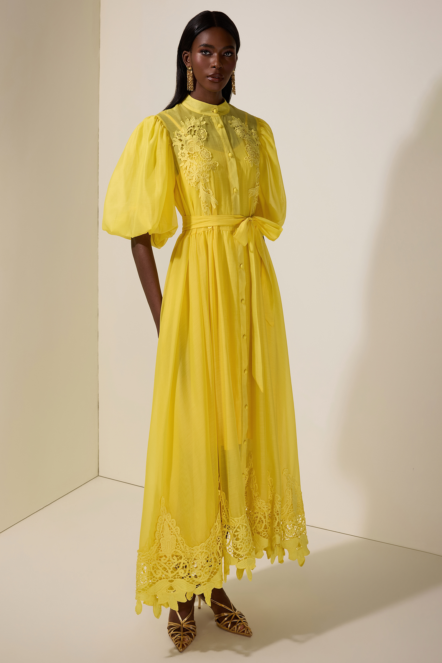 Solid Puff Sleeve Midi Dress With Belt