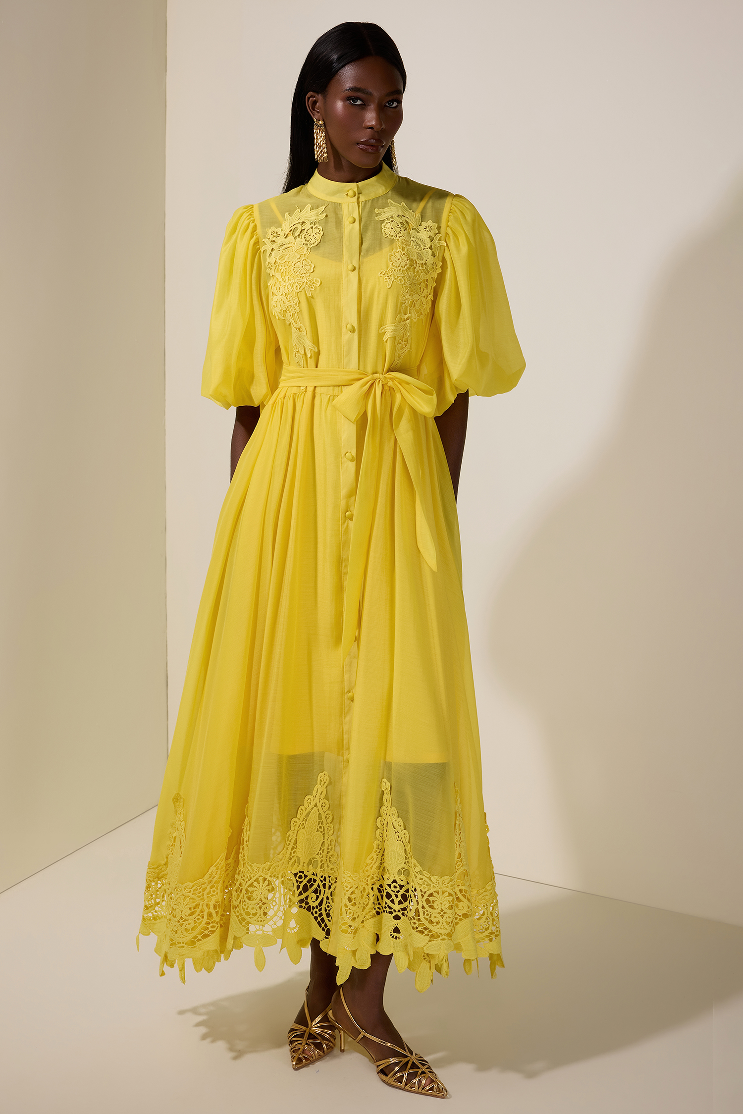 Solid Puff Sleeve Midi Dress With Belt