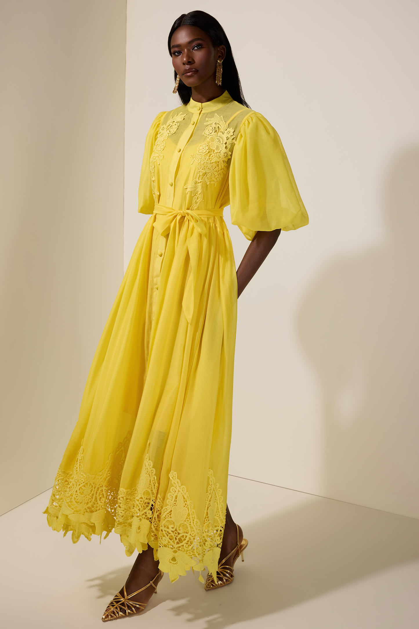 Solid Puff Sleeve Midi Dress With Belt