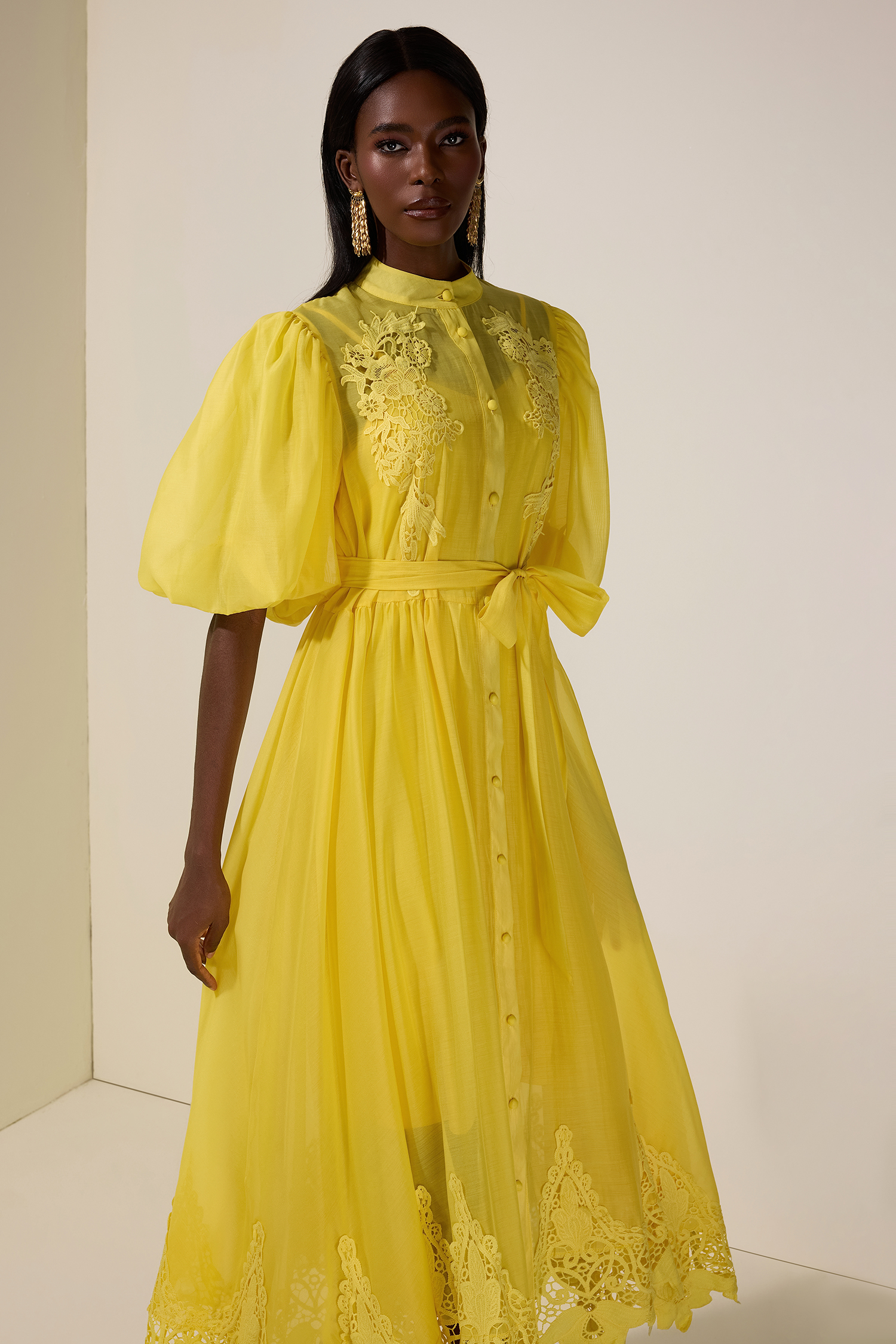 Solid Puff Sleeve Midi Dress With Belt