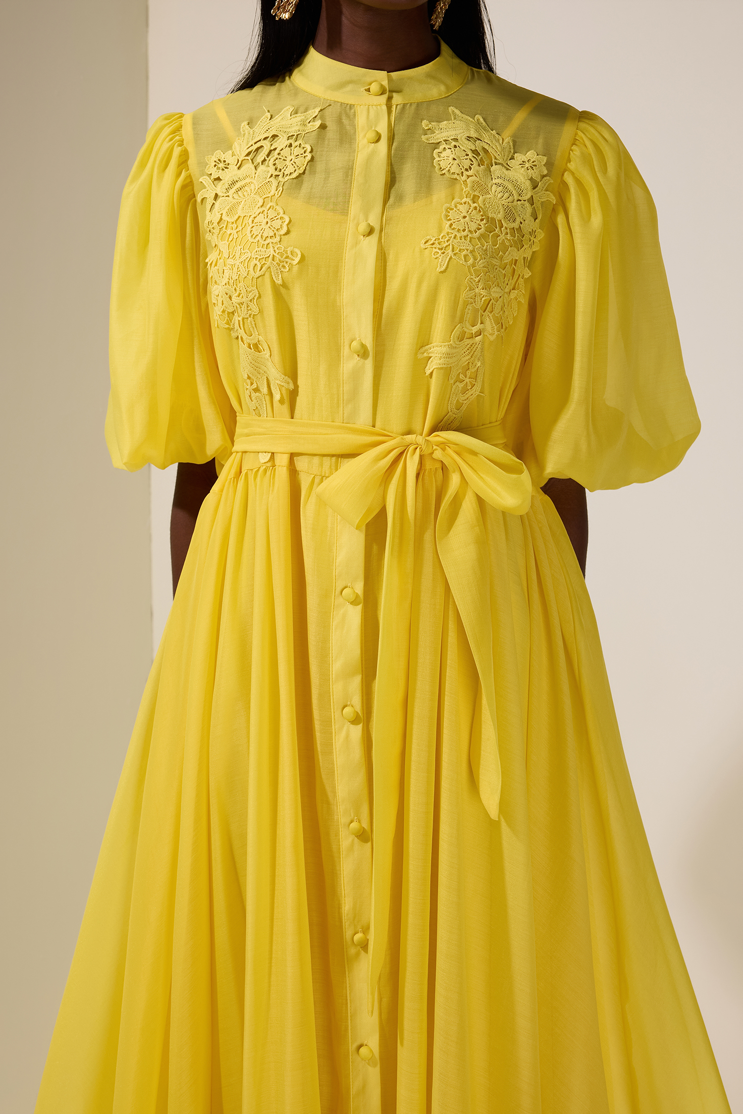 Solid Puff Sleeve Midi Dress With Belt