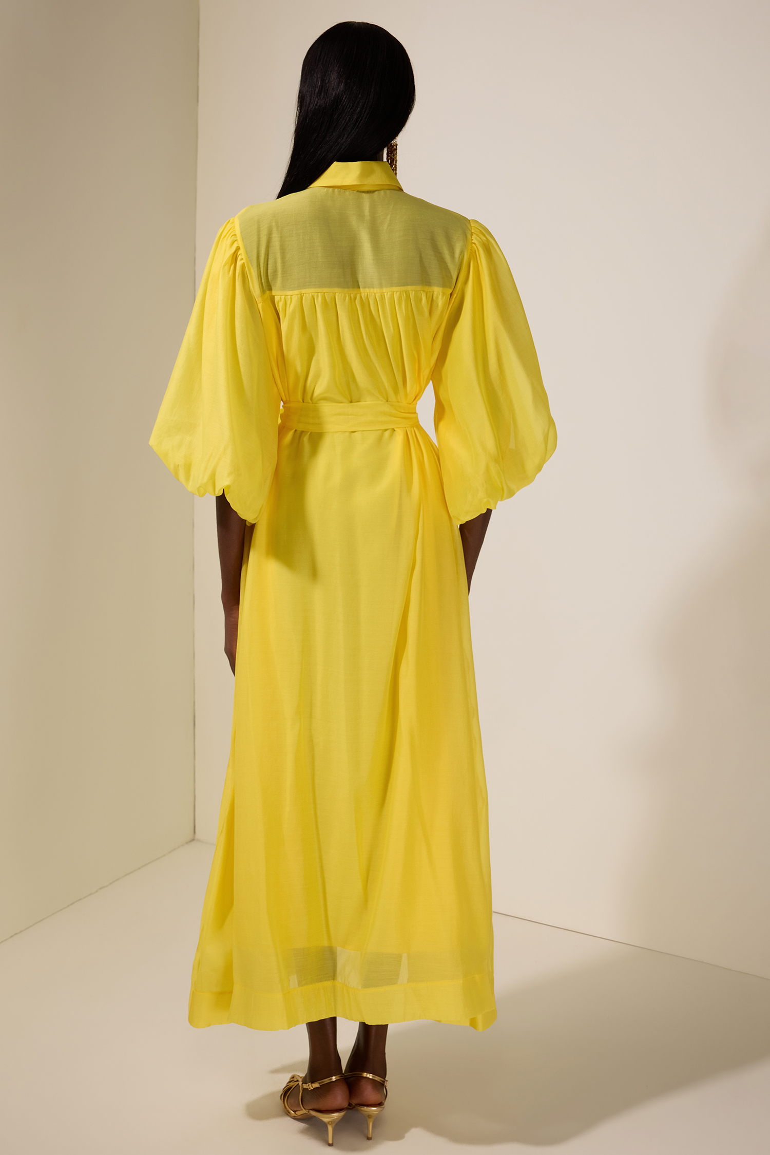 Chiffon Pleated Puff Sleeve Midi Dress