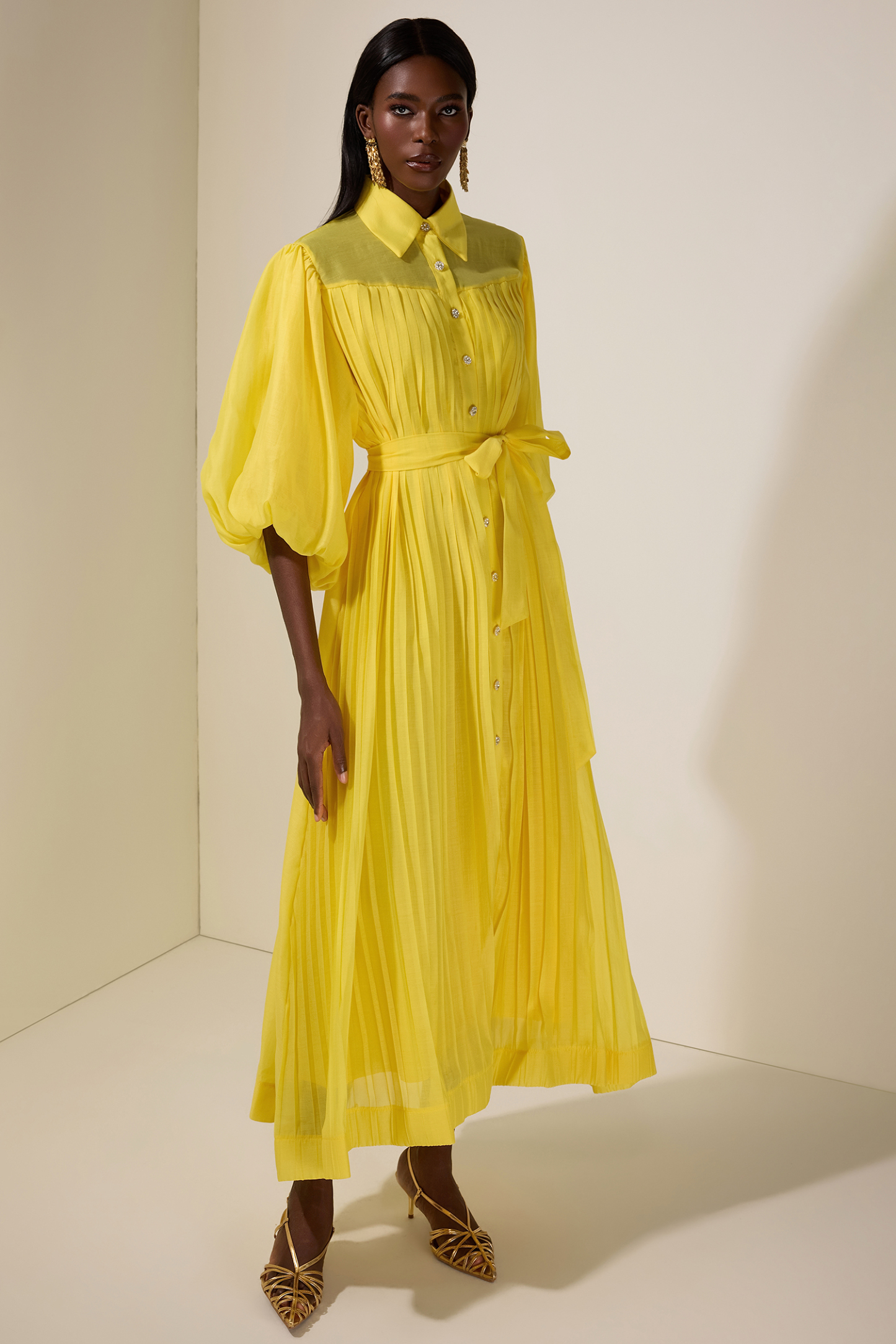 Chiffon Pleated Puff Sleeve Midi Dress