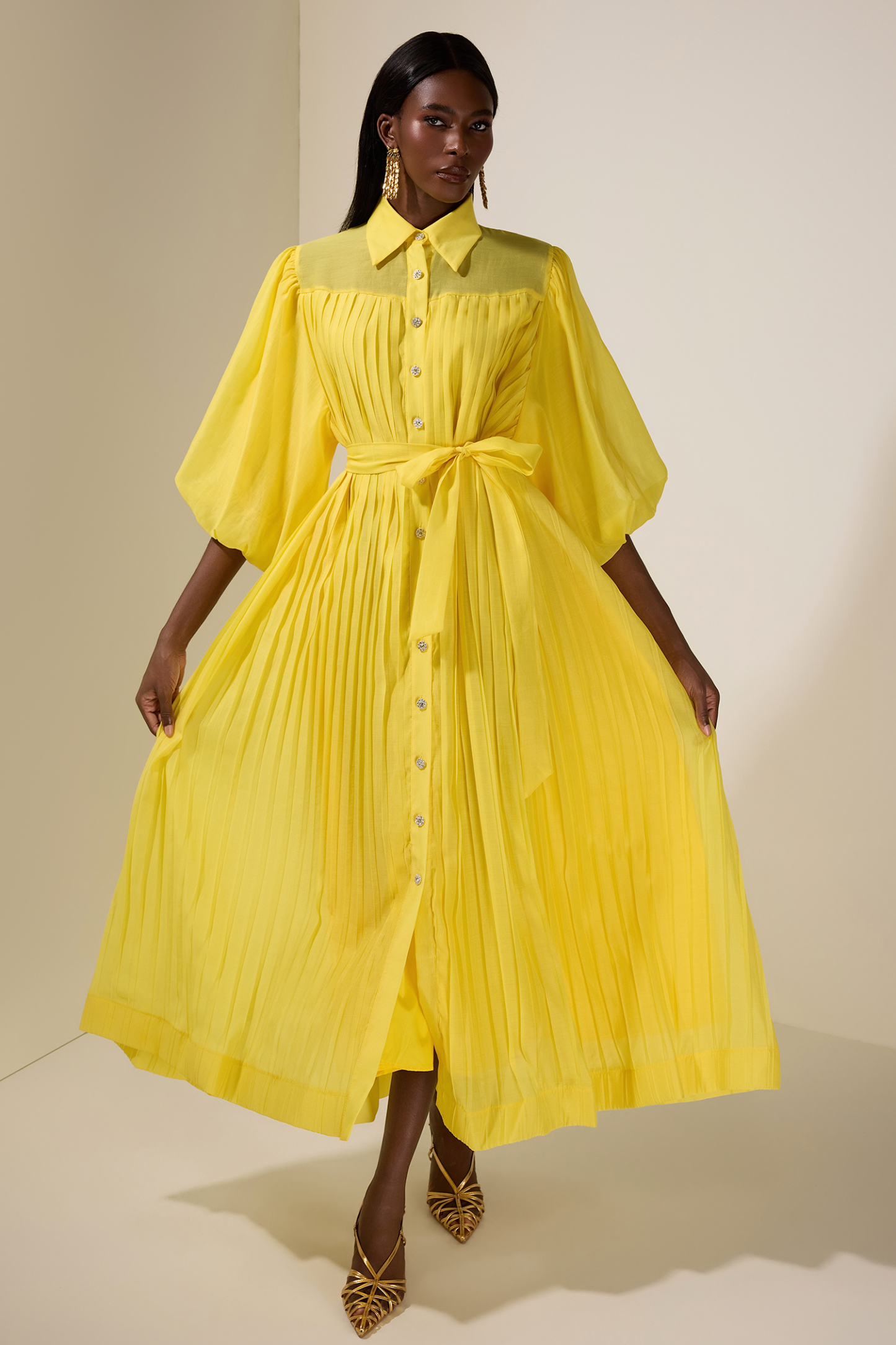 Chiffon Pleated Puff Sleeve Midi Dress