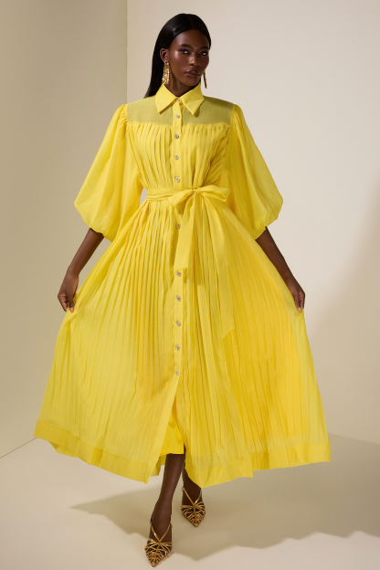 Chiffon Pleated Puff Sleeve Midi Dress