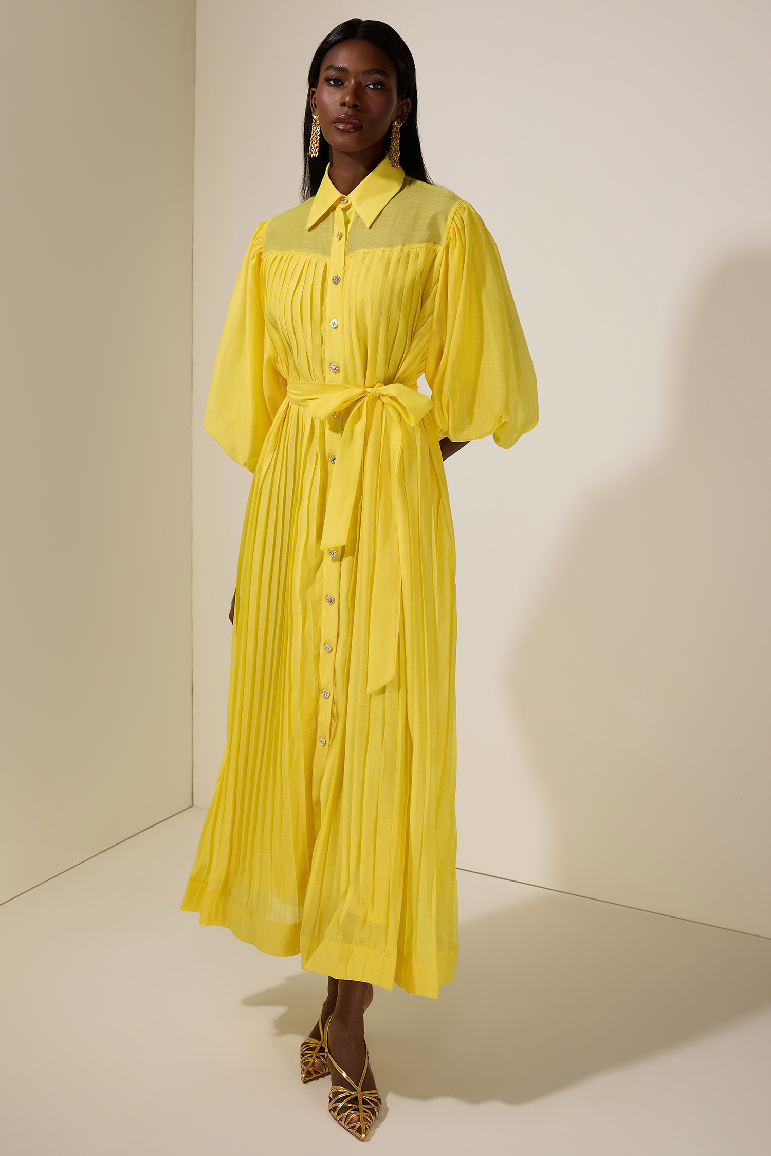 Chiffon Pleated Puff Sleeve Midi Dress